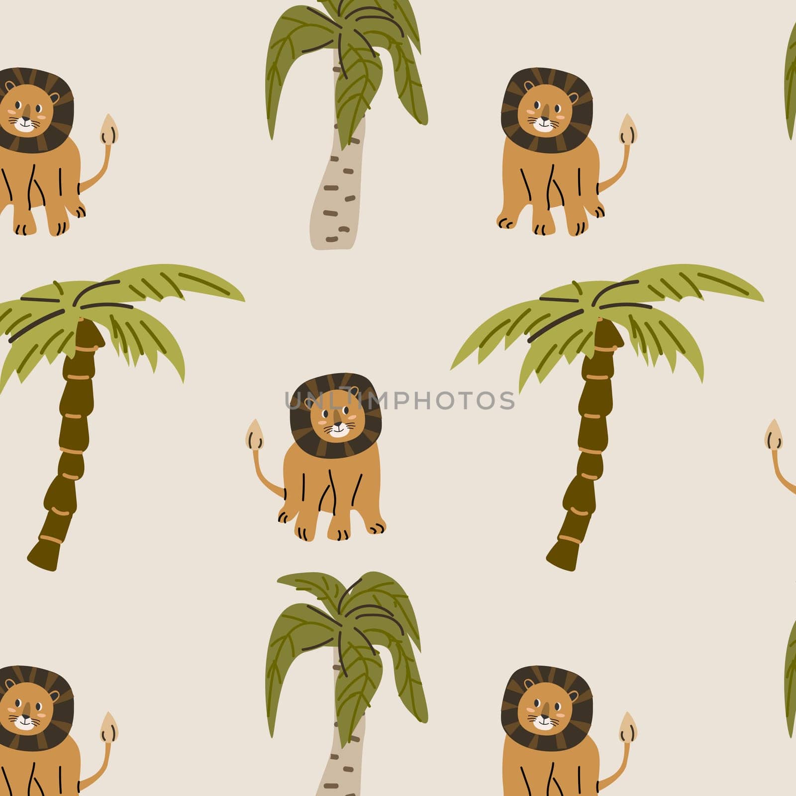 cute wild tropical animal lion sitting and palm seamless pattern. Vector illustration with lion wild jungle animal, tropical plants palm or leaves.