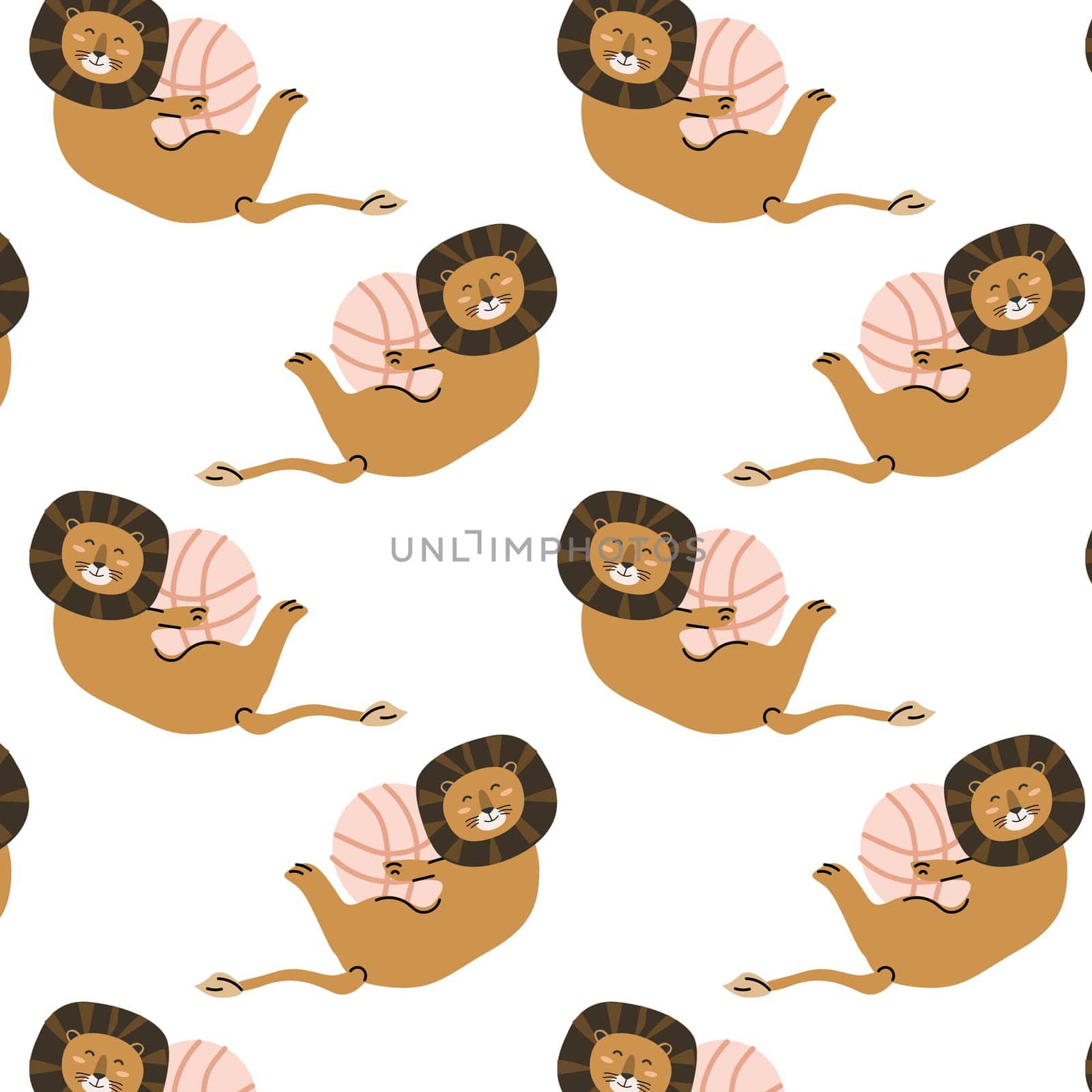 cute wild tropical animal lion playing with ball seamless pattern. Vector illustration with lion wild jungle animal, pink ball.