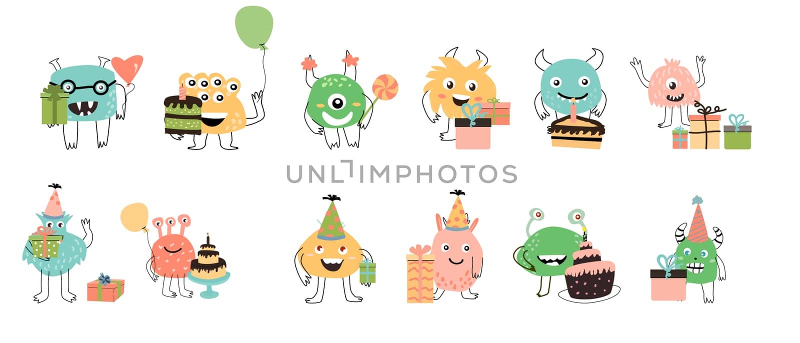 Cute monster for anniversary birthday holiday - big set. Vector illustration can used for banner, baby birthday background, greeting card, poster for interior. Cute alien or monster with balloon or gift, or cake