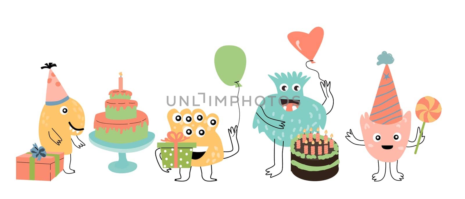 Banner with cute monsters for anniversary with gifts and cakes. Vector illustration can used for banner, baby birthday background, greeting card, poster for interior. Cute alien or monster with balloon or gift, or cake