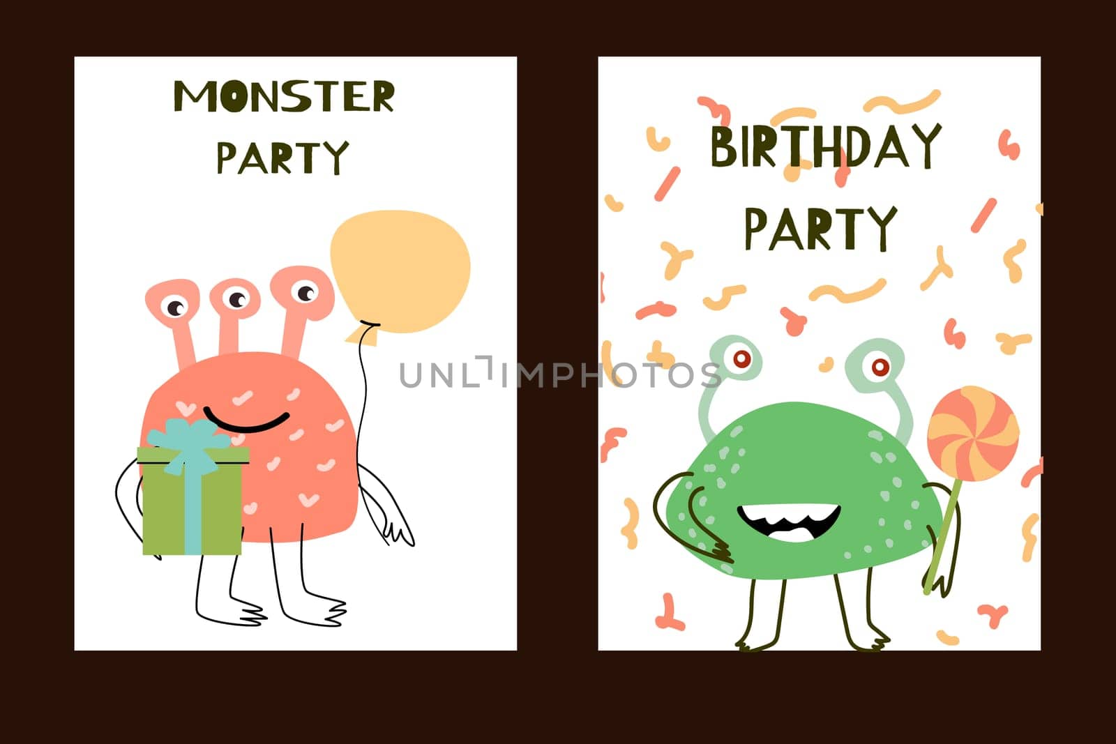 Set of birthday anniversary posters with cute monsters. baby vertical background for birthday card.