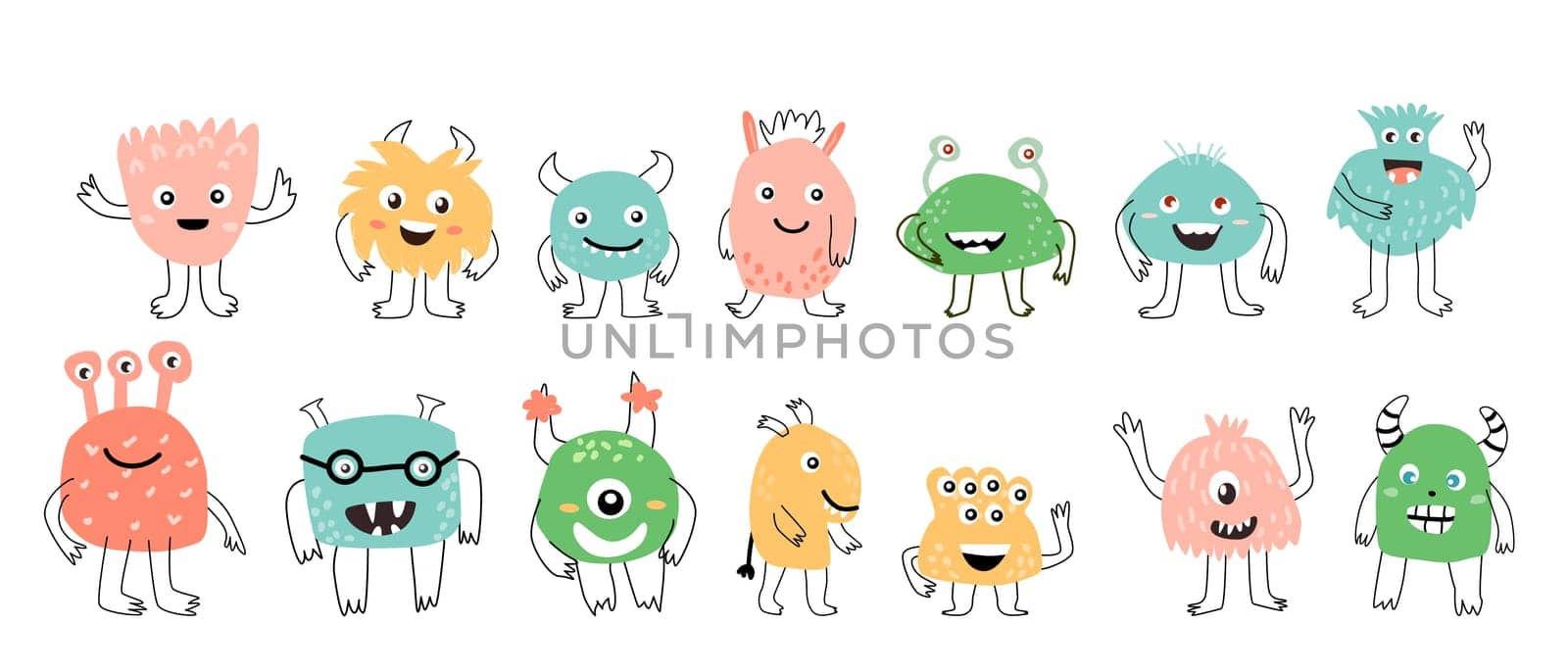 Big set of Cute baby monsters characters smiling vector illustration. Can used for greeting card, poster, baby cards. Doodle monsers in trendy style.