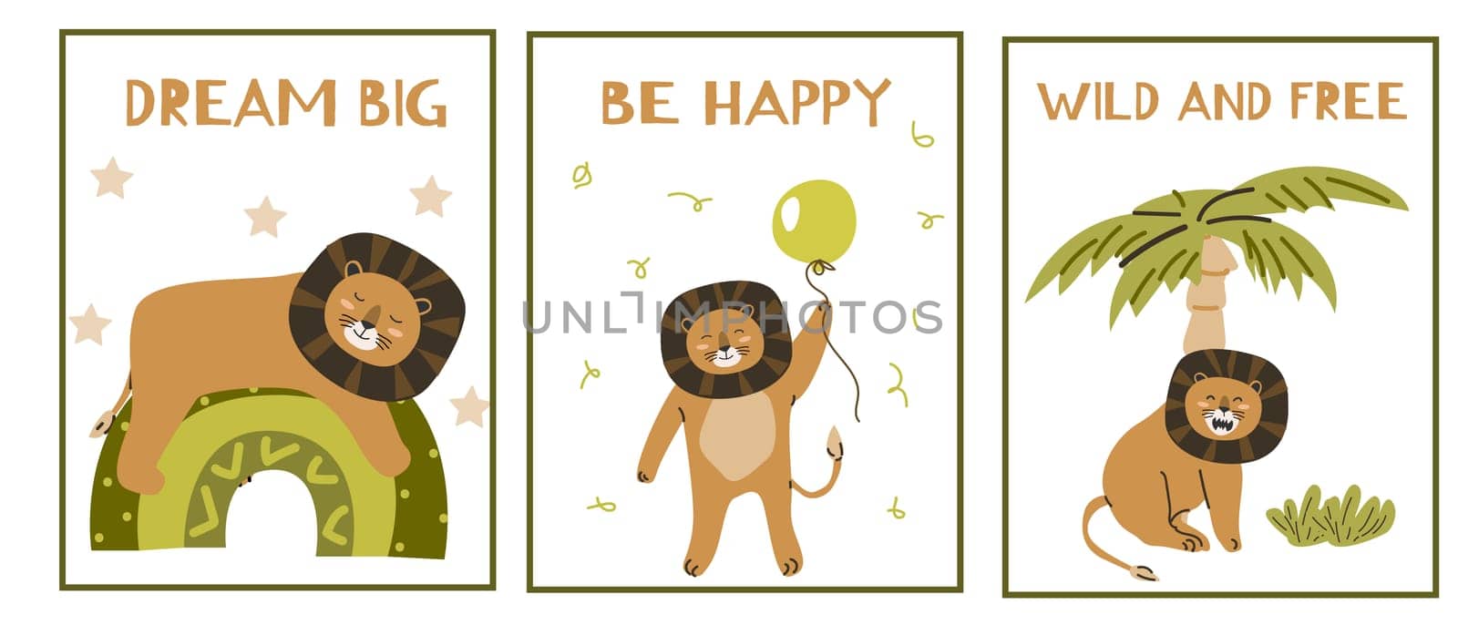 Set of cute scandinavian posters with lion baby animal for interior. Vector illustration can used for boys cards and posters.