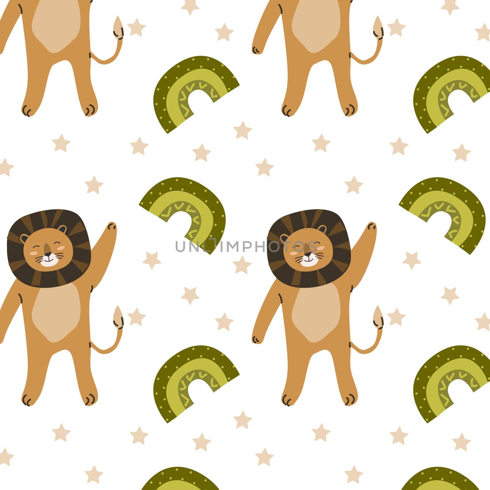 cute wild tropical animal lion with rainbow childish seamless pattern. Vector illustration with lion wild jungle animal and rainbow, stars.