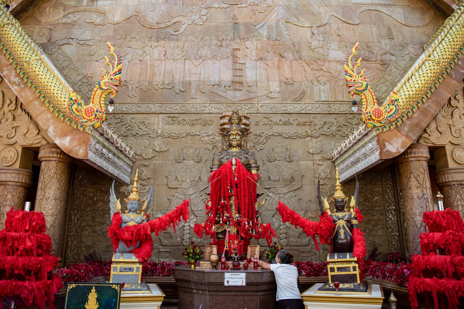 Temple guard at Wat Maha Wanaram in the city Udon Ratchathani and Province Ubon Ratchathani in Thailand.  Thailand, Ubon Ratchathani, November, 23, 2023