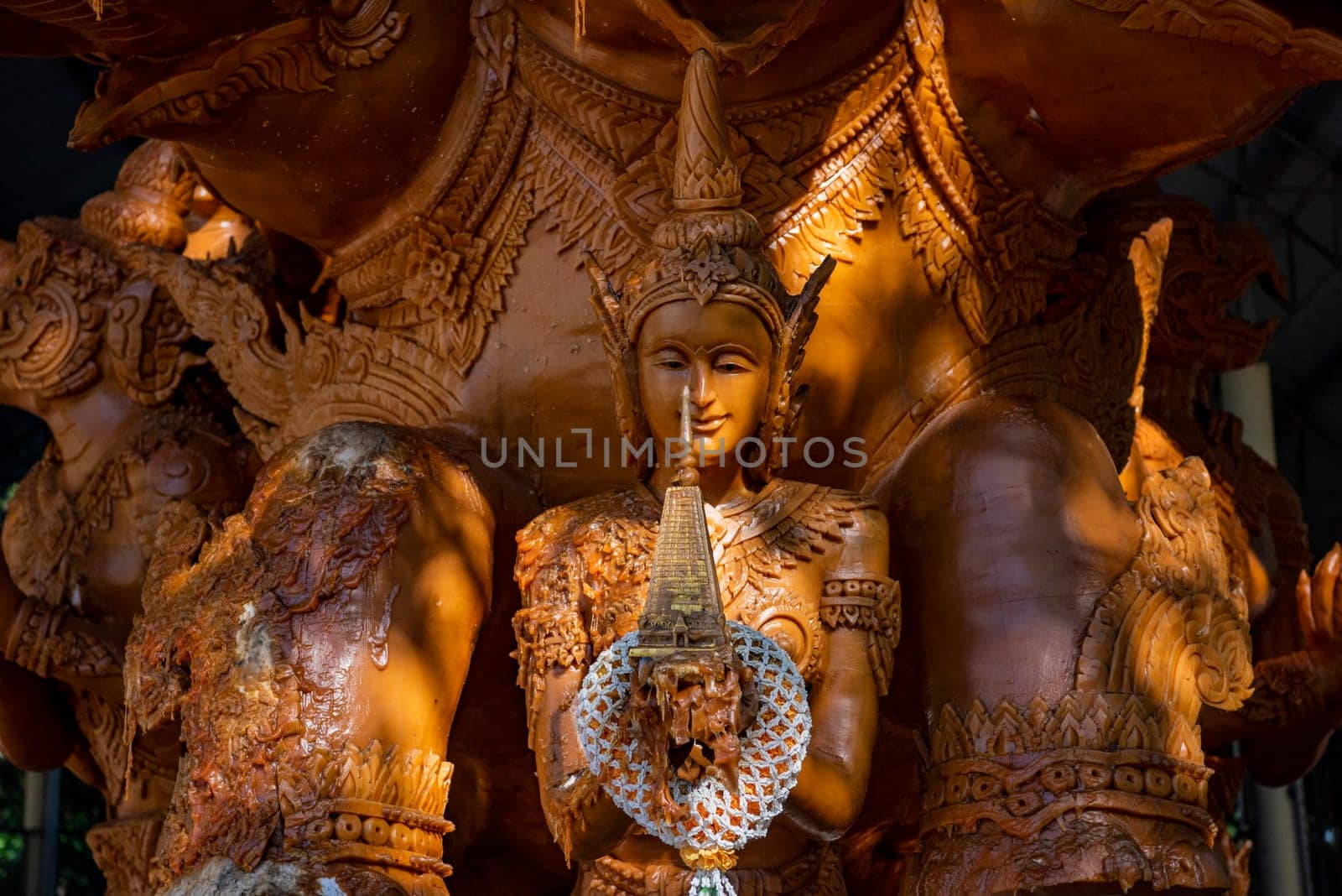 a detail of a real carve Wax candle of the Wax Candle Festival in city centre of Udon Ratchathani and Province Ubon Ratchathani in Thailand.  Thailand, Ubon Ratchathani, November, 24, 2023