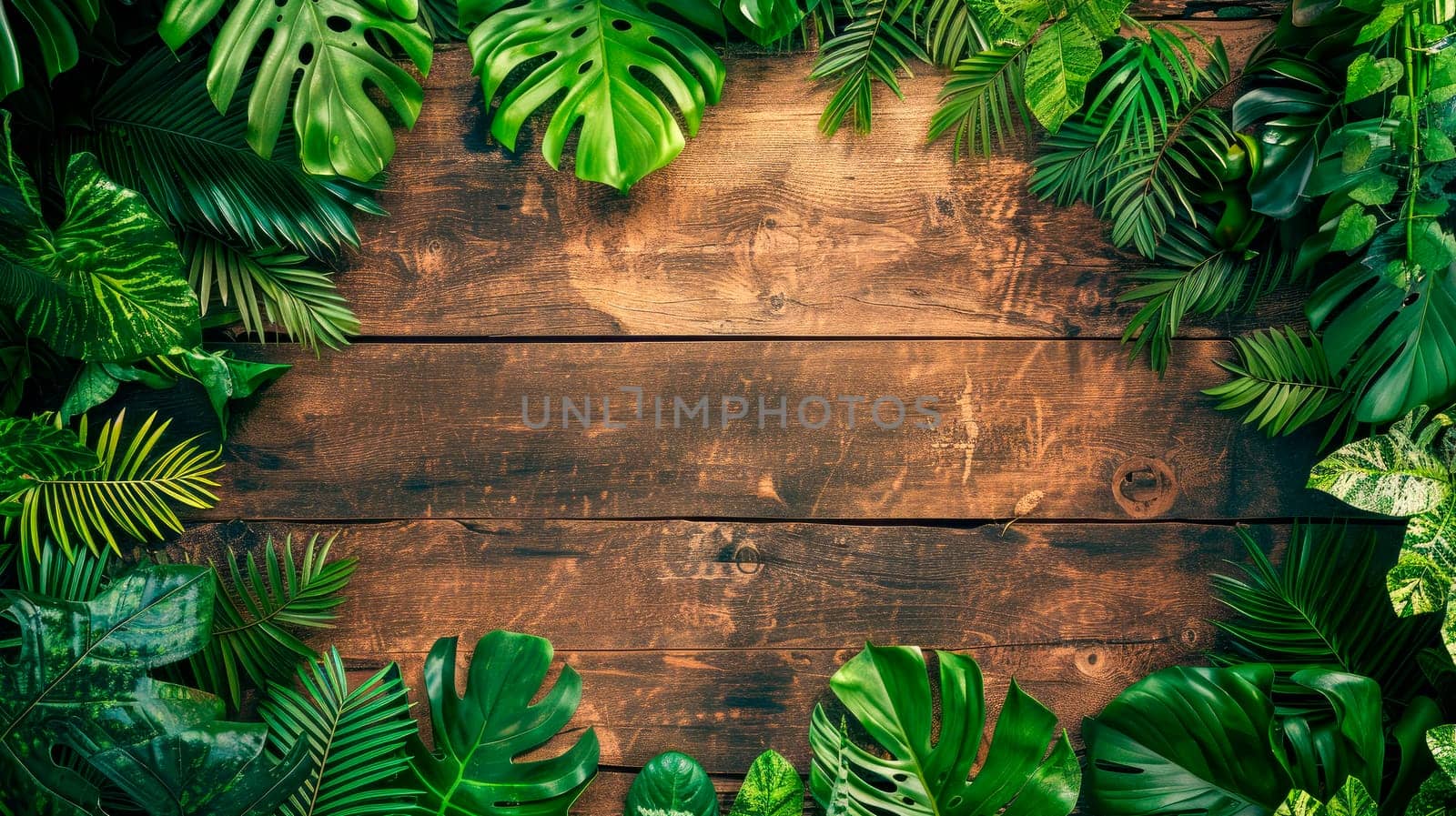 Grunge wooden table and jungle foliage at the edges, flat lay, copy space. AI generated