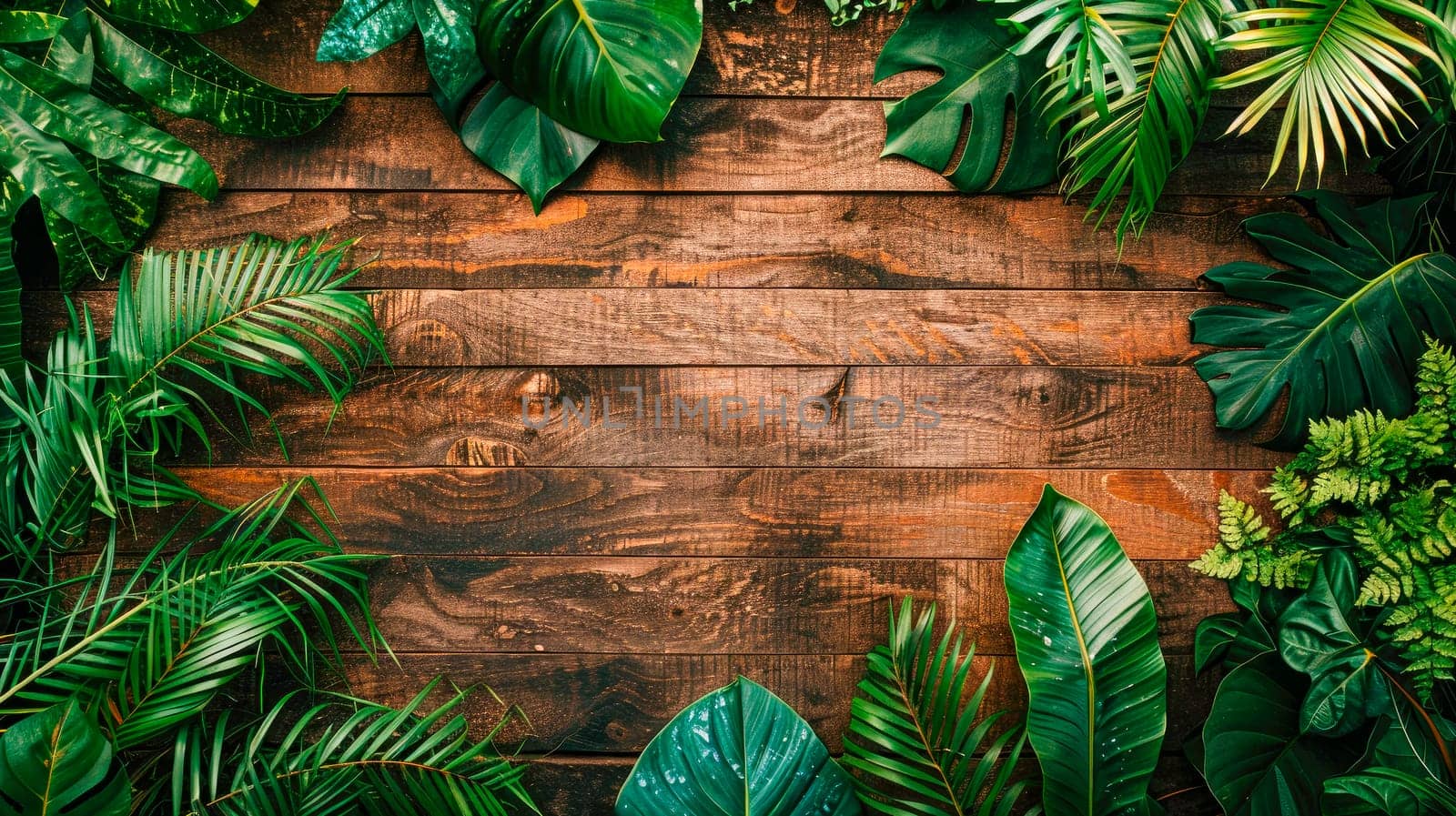 Tropical leaves foliage plant bush floral arrangement nature backdrop  on wooden background. AI generated