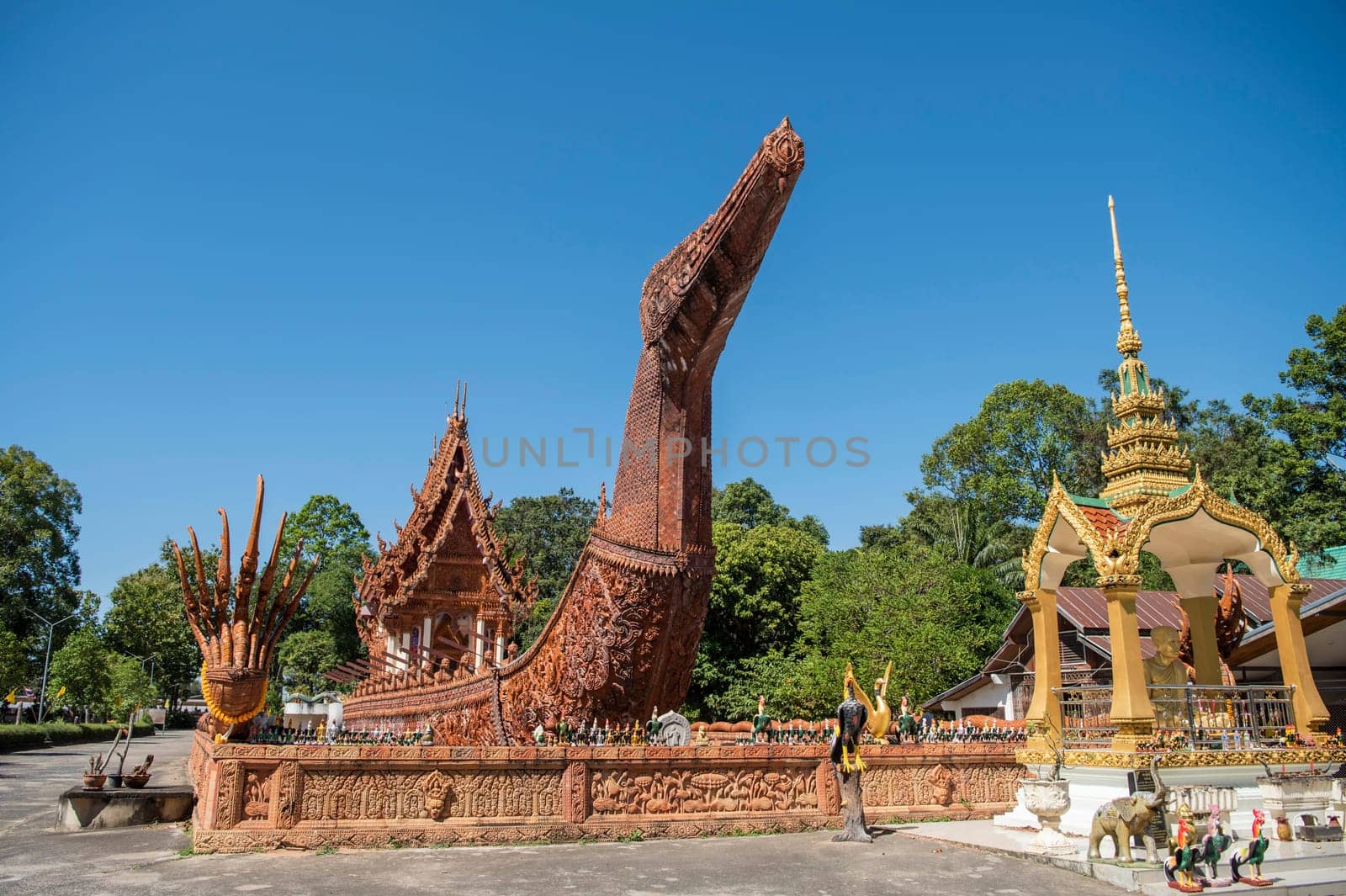 the Ship Temple of Wat Sa Prasan Suk in the city centre of Udon Ratchathani and Province Ubon Ratchathani in Thailand.  Thailand, Ubon Ratchathani, November, 24, 2023