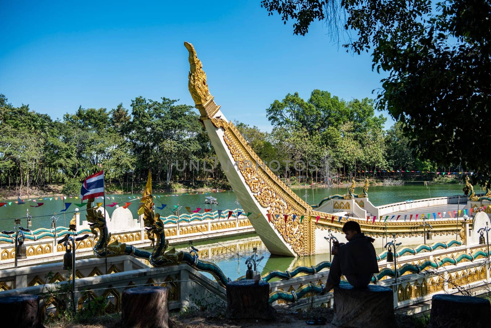 the Ship Temple of Wat Sa Prasan Suk in the city centre of Udon Ratchathani and Province Ubon Ratchathani in Thailand.  Thailand, Ubon Ratchathani, November, 24, 2023