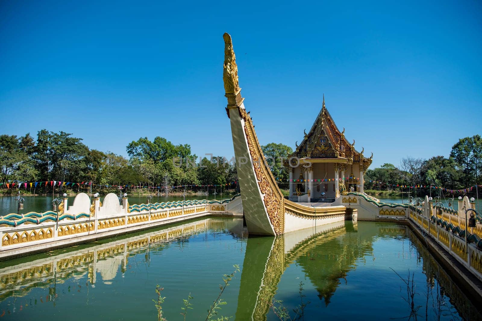 the Ship Temple of Wat Sa Prasan Suk in the city centre of Udon Ratchathani and Province Ubon Ratchathani in Thailand.  Thailand, Ubon Ratchathani, November, 24, 2023