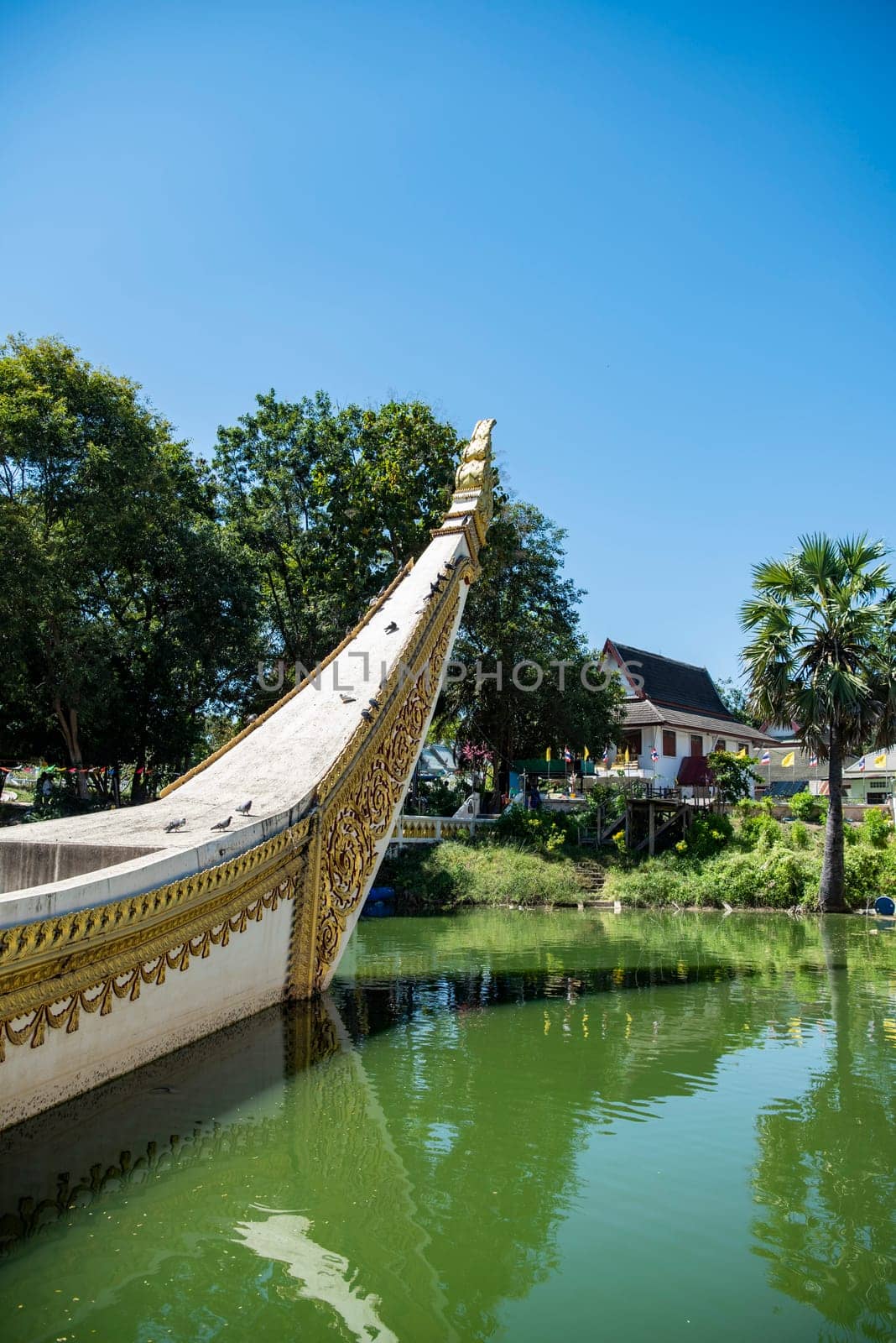 the Ship Temple of Wat Sa Prasan Suk in the city centre of Udon Ratchathani and Province Ubon Ratchathani in Thailand.  Thailand, Ubon Ratchathani, November, 24, 2023