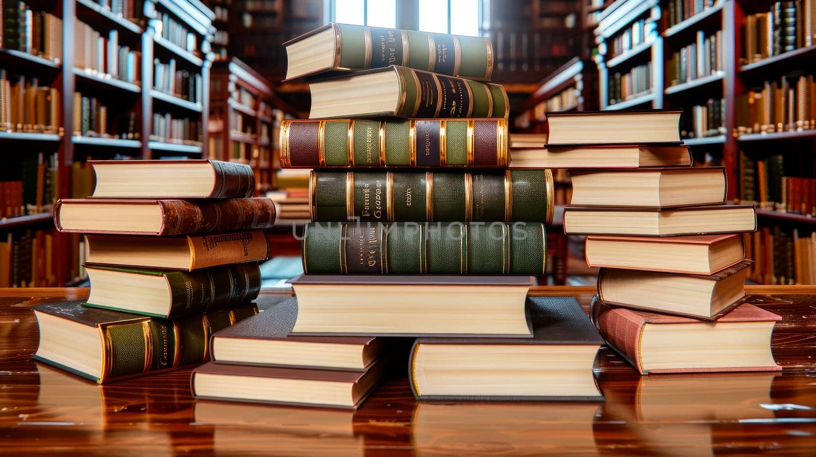 Stacks of books on a table in the library, close up view. AI generated