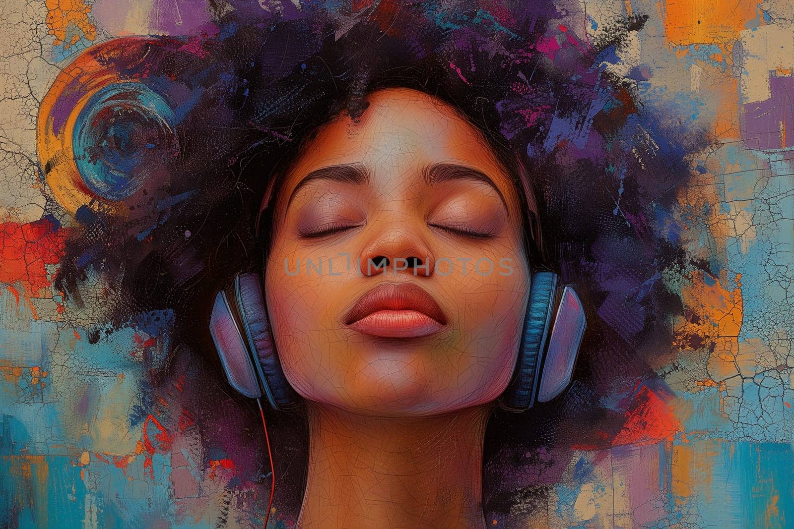 Portrait of a woman with headphones, listening to music or to a broadcast, quality of sound, leisure activity