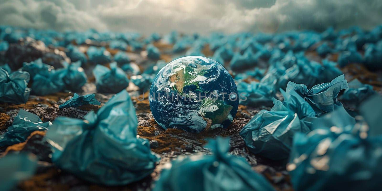 Planet earth with garbage plastic trash bags, environment and ecology concept., pollution and damage to nature