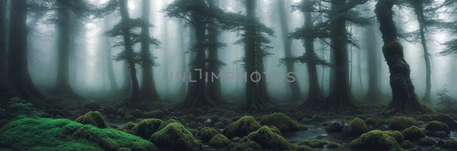Welcome to the Mystical Forest Ancient trees cloaked in mist, moss-covered rocks, light filtering through the foliage. Discover enchantment in every corner of this ethereal realm. Generative AI.