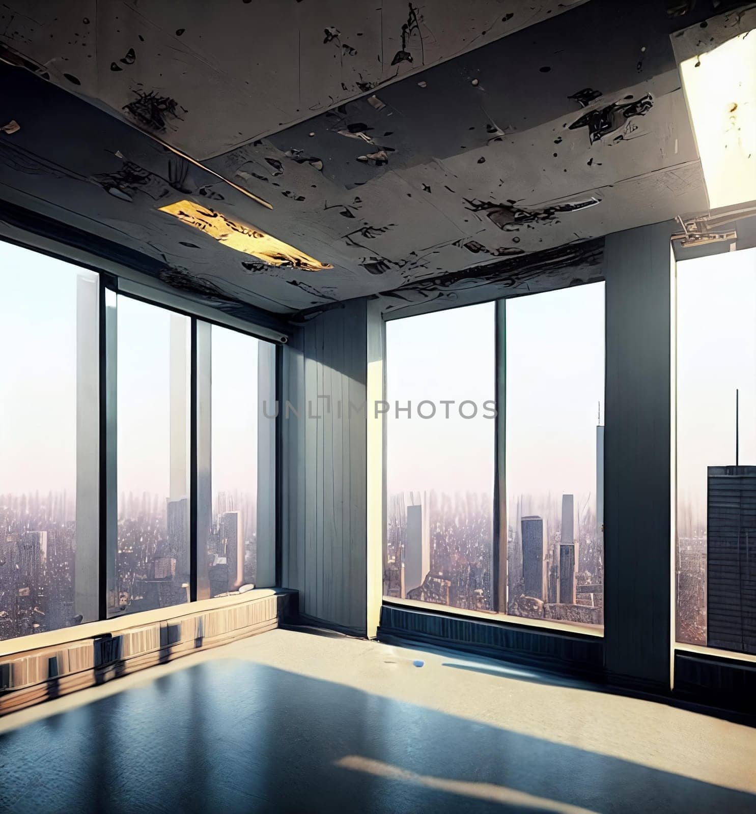 Empty Skyscrapers. Abandoned skyscraper, portraying empty office spaces, shattered windows, and a sense of isolation in the once-bustling urban hub.