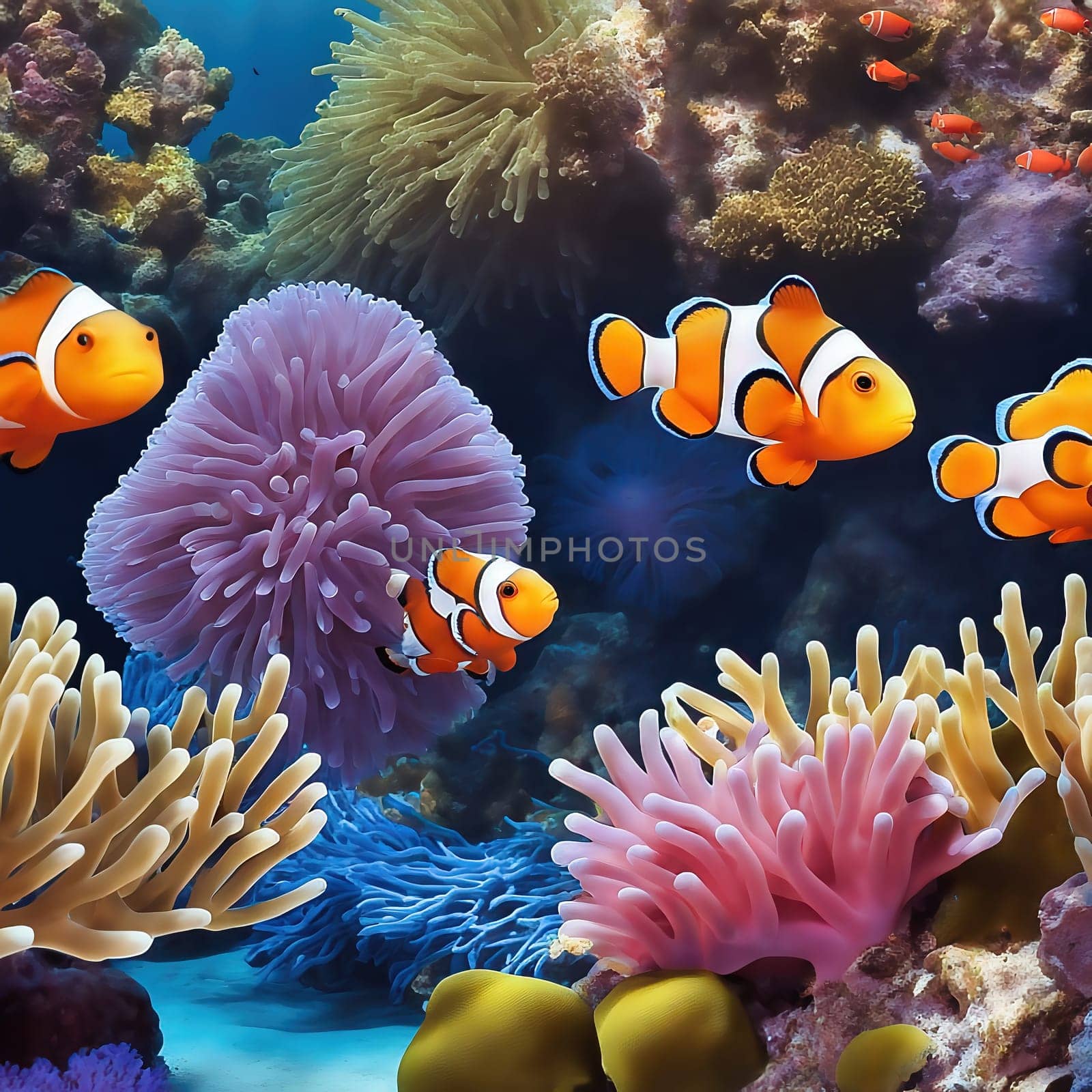 AI clown fish in a coral reef. Aquarium with saltwater underwater world. Fish in front of anemones
