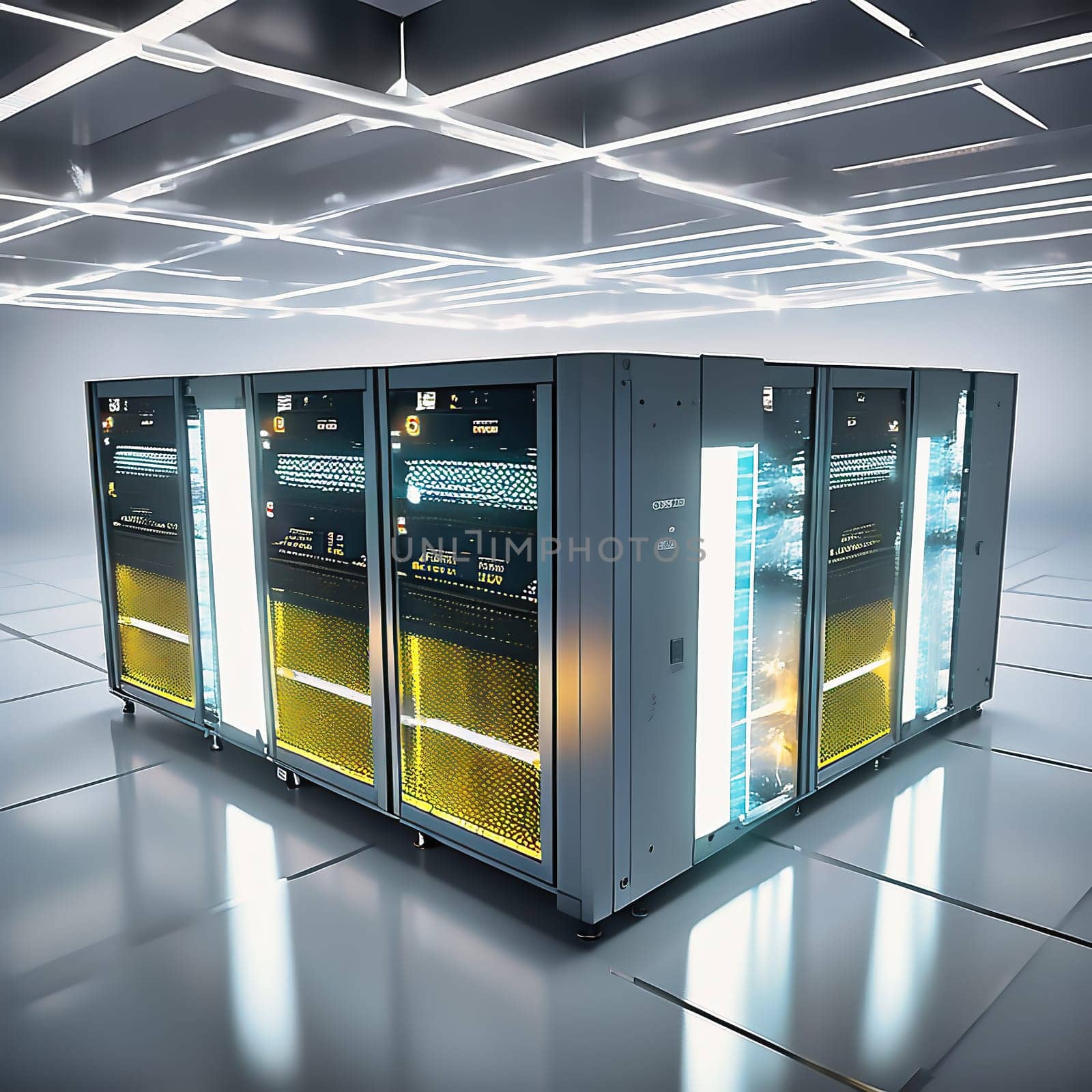 Server room with server cabinets, digitalis for host PC. Management and storage of data. AI generated image.