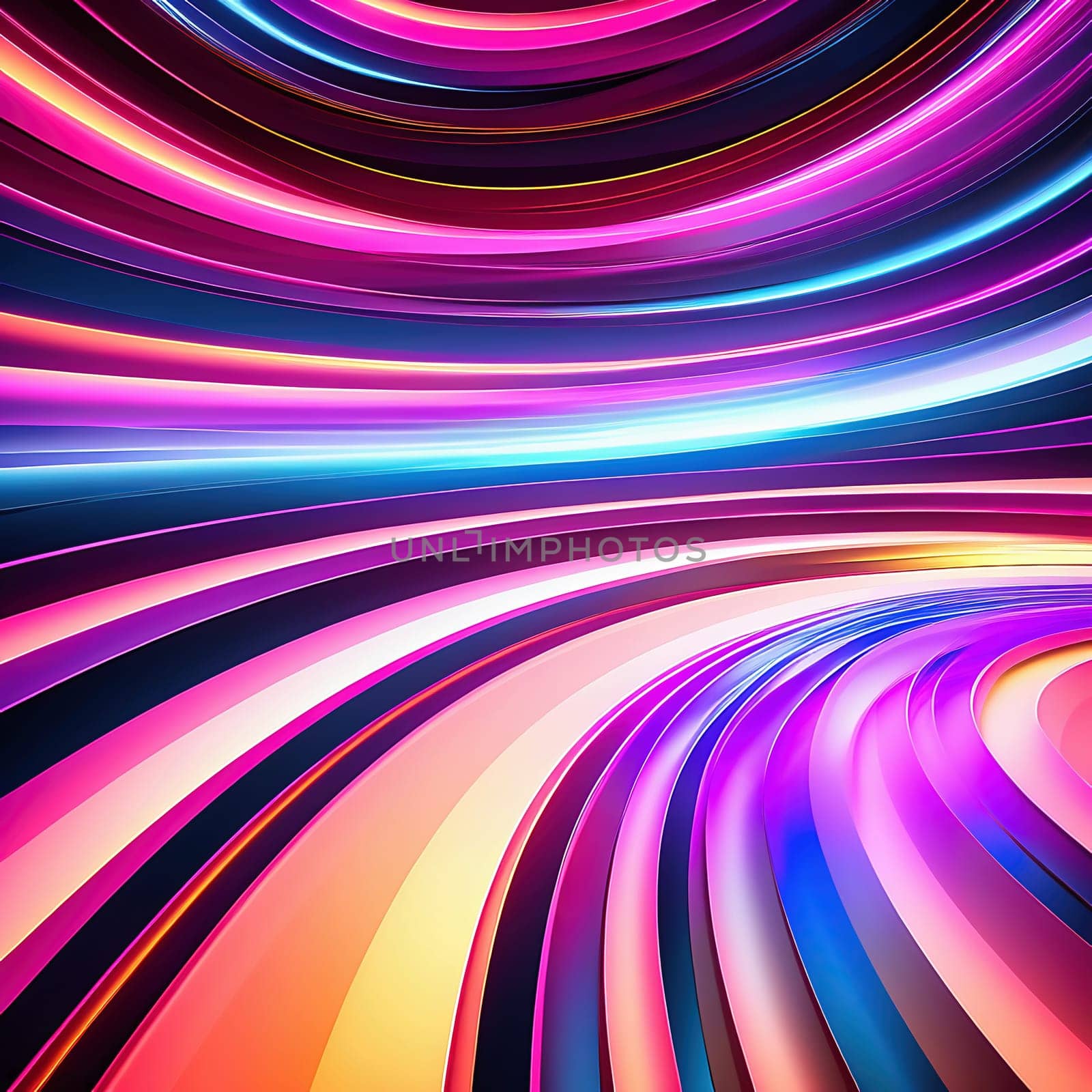 3d render. Abstract panoramic background of twisted dynamic neon lines, in wave form, glows in the dark space. Virtual fluorescent ribbon loop.