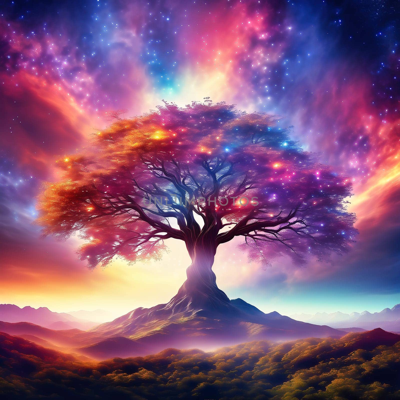 Fantasy tree in front of a starry sky with colorful clouds in the universe. AI generated image. Bright colors with old tree on a hill.