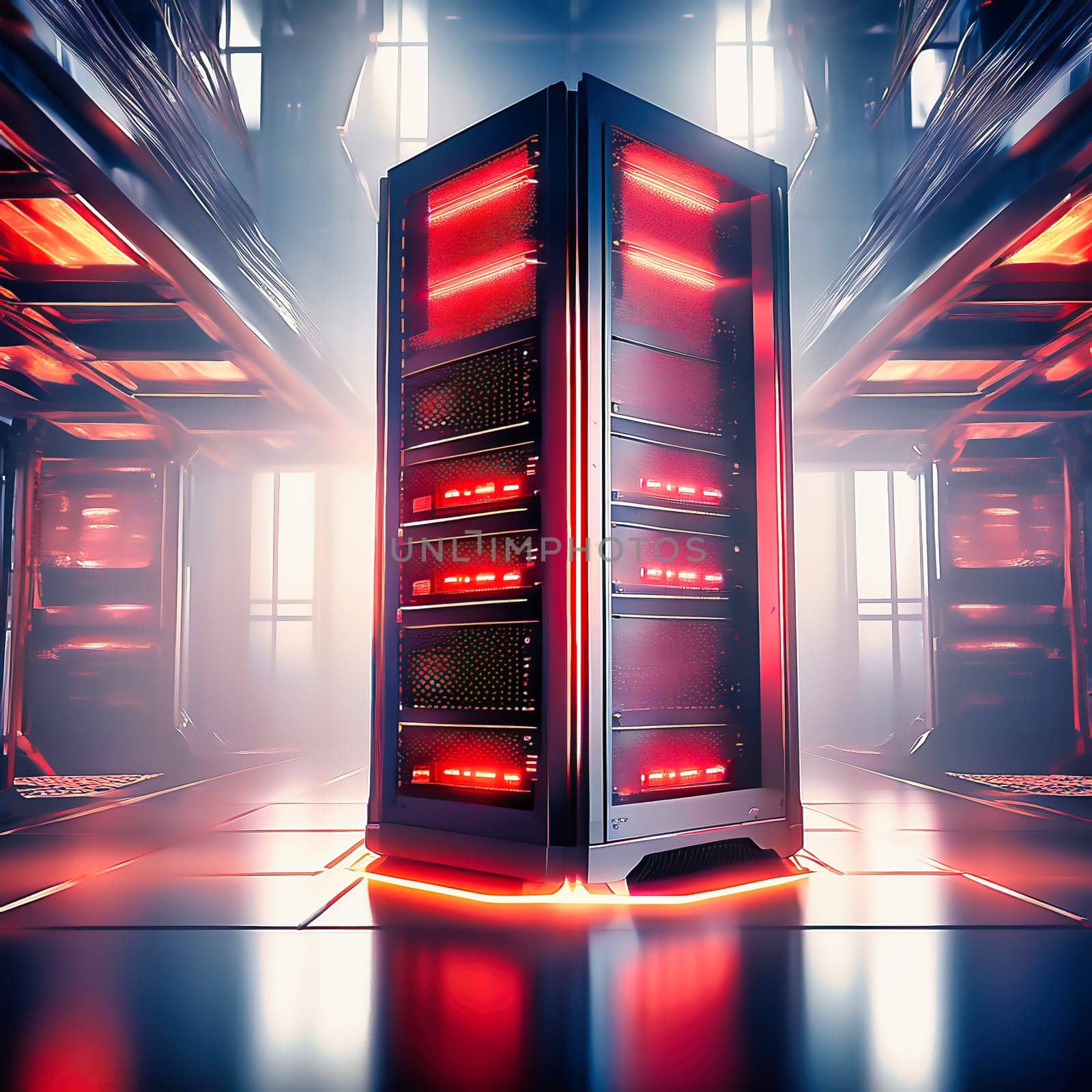 Server room with server cabinets, digitalis for host PC. Management and storage of data. AI generated image.