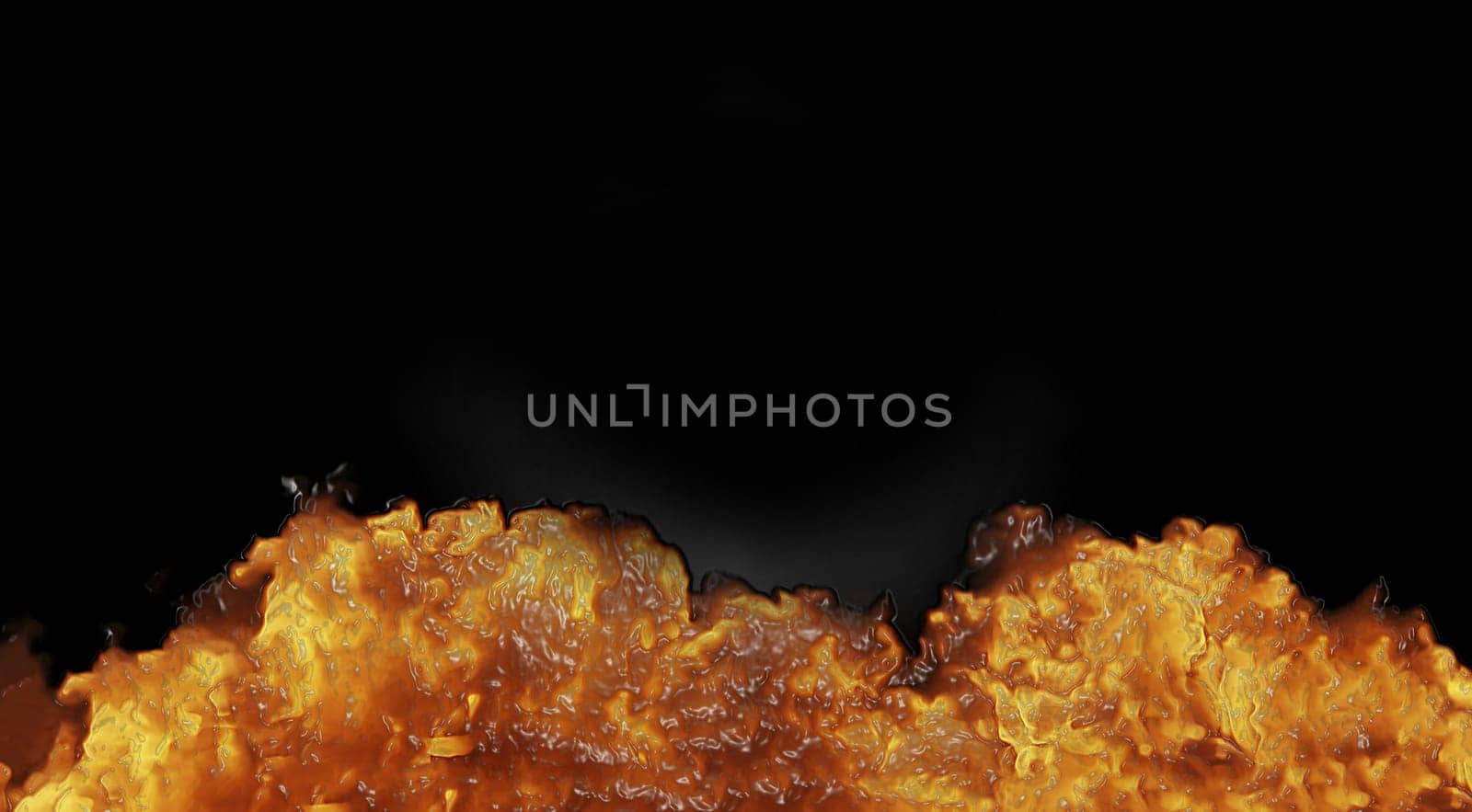 A frozen decorative view of a glossy explosive flame of orange color on a black background for the interior