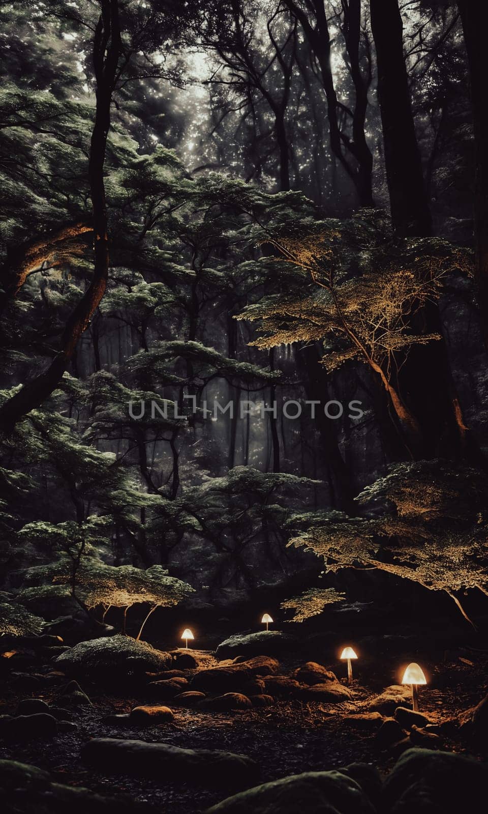 Moonlit Forest Glade. Amidst ancient trees, a moonbeam illuminates a hidden glade. Dew-kissed mushrooms glow softly, and fireflies dance in the night. Ethereal beauty of this mystical meeting place.