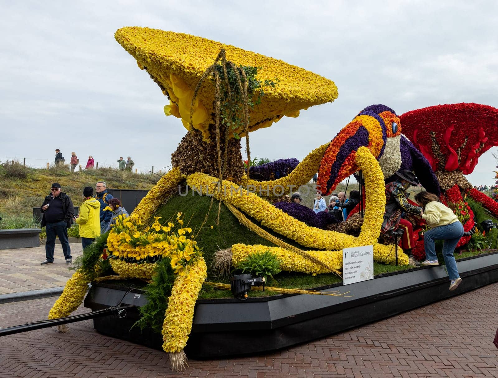 Noordwijk, Netherlands - April 22, 2023: Spectacular flower covered floats in the Bloemencorso Bollenstreek the annual spring flower parade from Noordwijk to Haarlem in the Netherlands.