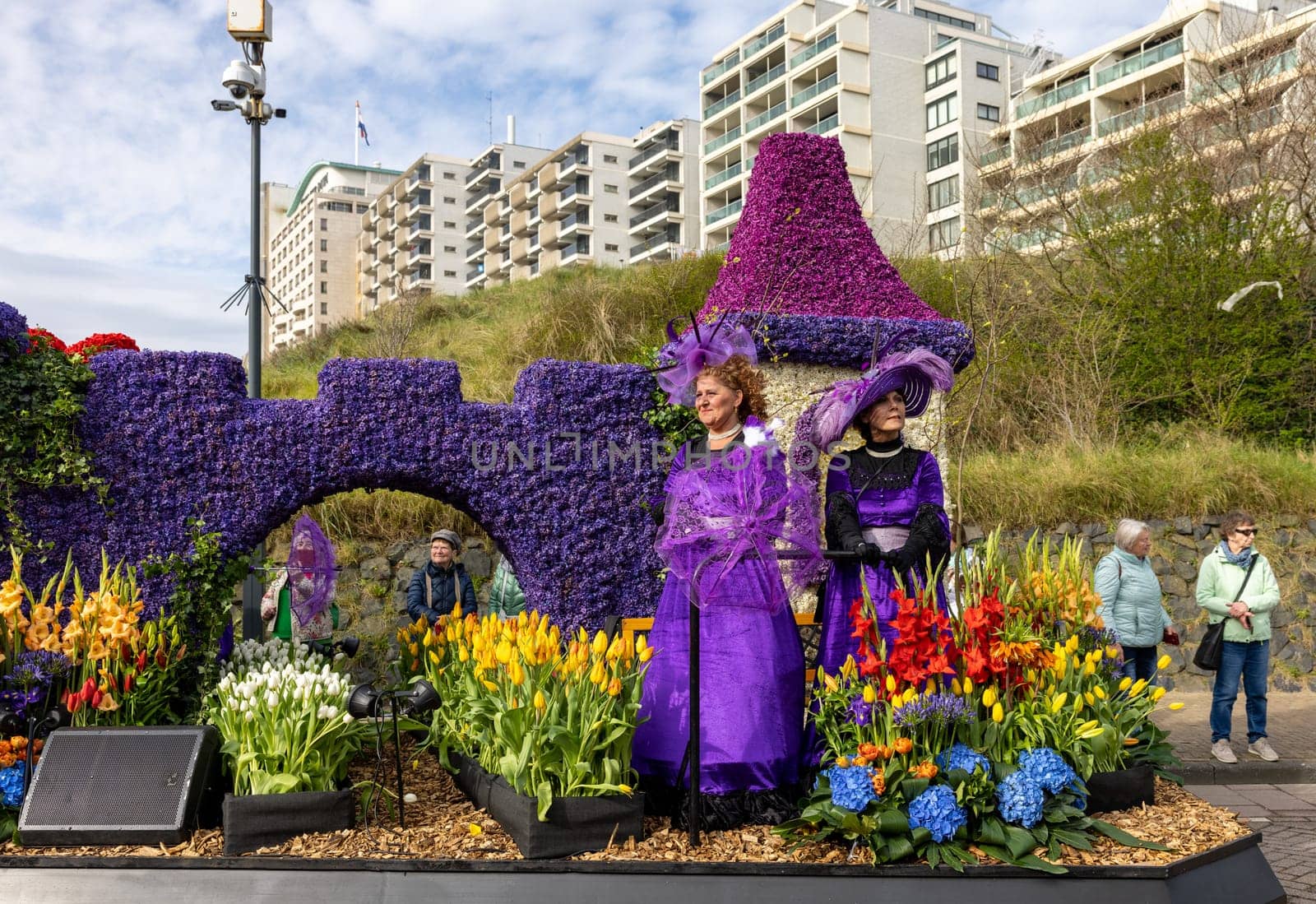 Noordwijk, Netherlands - April 22, 2023: Spectacular flower covered floats in the Bloemencorso Bollenstreek the annual spring flower parade from Noordwijk to Haarlem in the Netherlands.