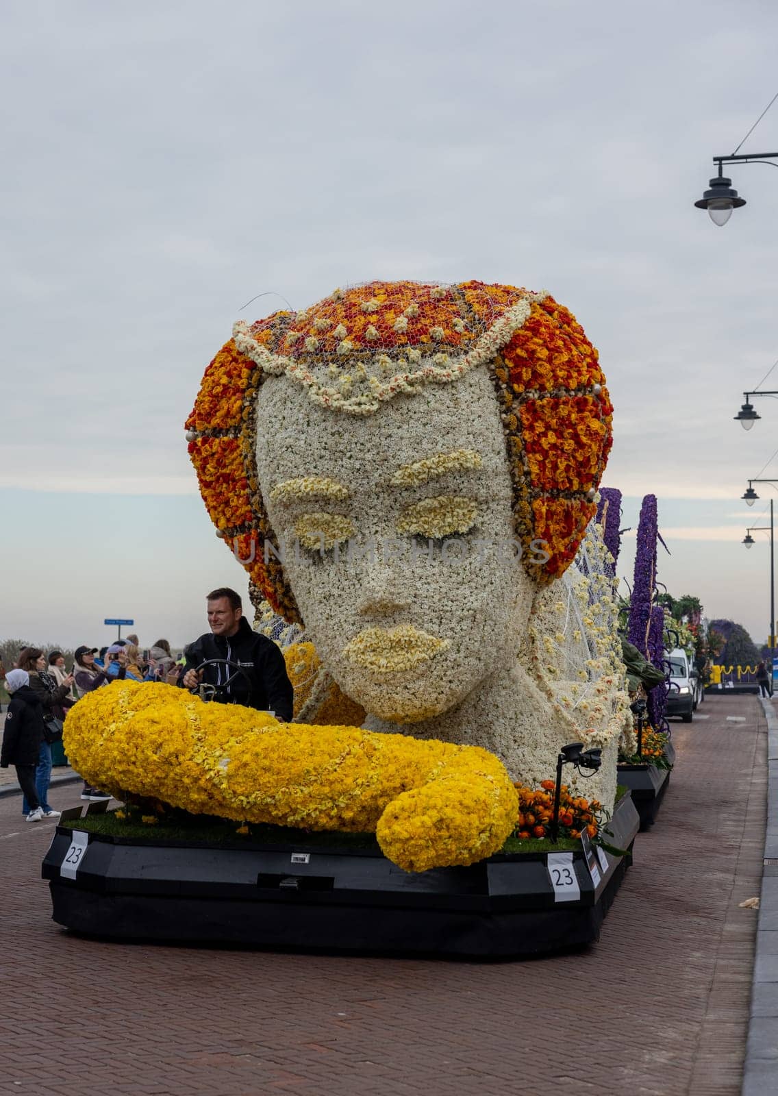 Noordwijk, Netherlands - April 22, 2023: Spectacular flower covered floats in the Bloemencorso Bollenstreek the annual spring flower parade from Noordwijk to Haarlem in the Netherlands.