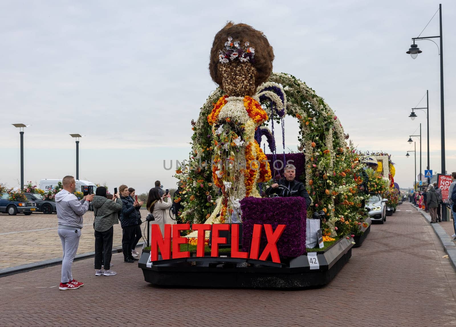 Noordwijk, Netherlands - April 22, 2023: Spectacular flower covered floats in the Bloemencorso Bollenstreek the annual spring flower parade from Noordwijk to Haarlem in the Netherlands.