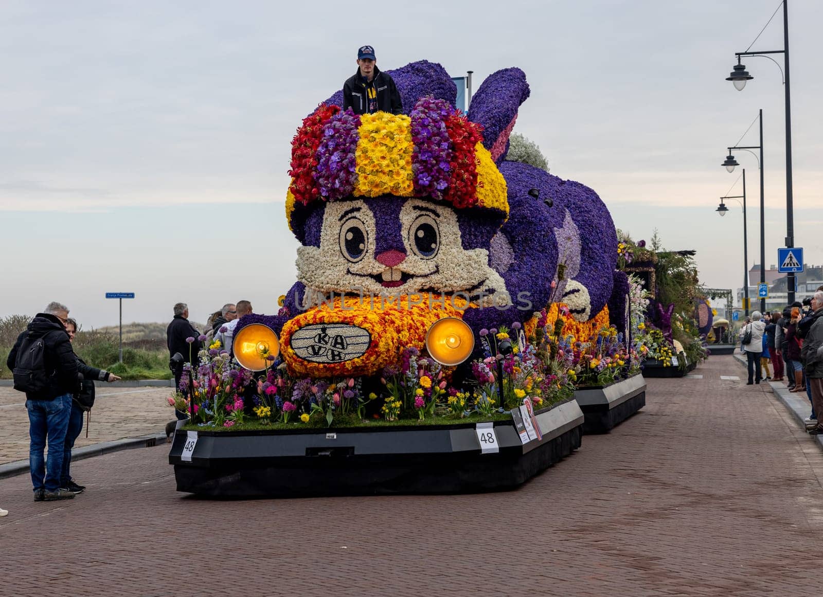 Noordwijk, Netherlands - April 22, 2023: Spectacular flower covered floats in the Bloemencorso Bollenstreek the annual spring flower parade from Noordwijk to Haarlem in the Netherlands.