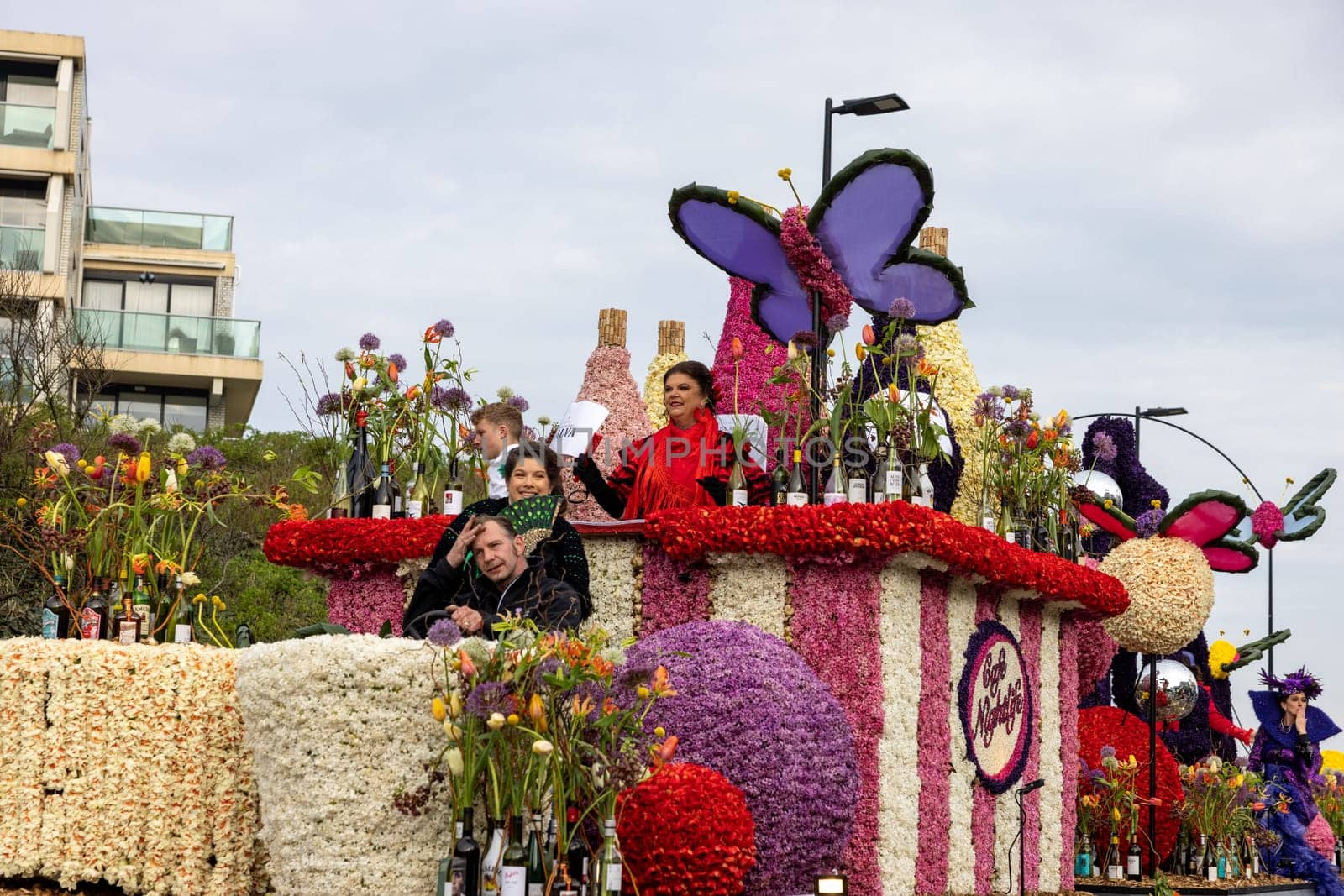 Noordwijk, Netherlands - April 22, 2023: Spectacular flower covered floats in the Bloemencorso Bollenstreek the annual spring flower parade from Noordwijk to Haarlem in the Netherlands.