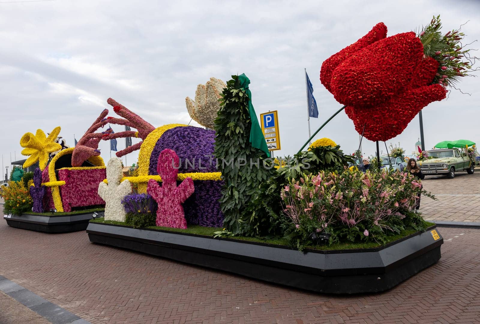 Noordwijk, Netherlands - April 22, 2023: Spectacular flower covered floats in the Bloemencorso Bollenstreek the annual spring flower parade from Noordwijk to Haarlem in the Netherlands.
