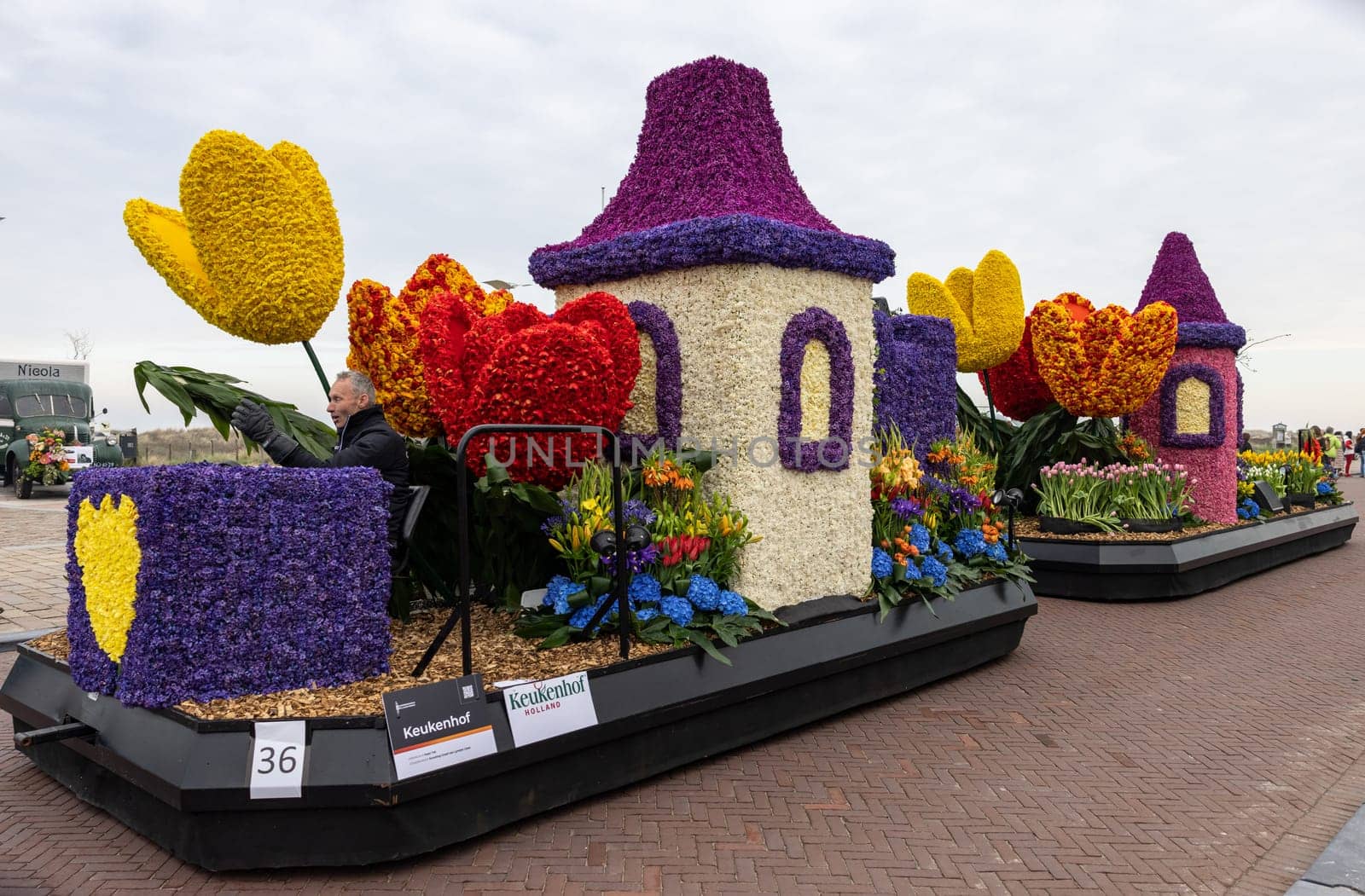Noordwijk, Netherlands - April 22, 2023: Spectacular flower covered floats in the Bloemencorso Bollenstreek the annual spring flower parade from Noordwijk to Haarlem in the Netherlands.