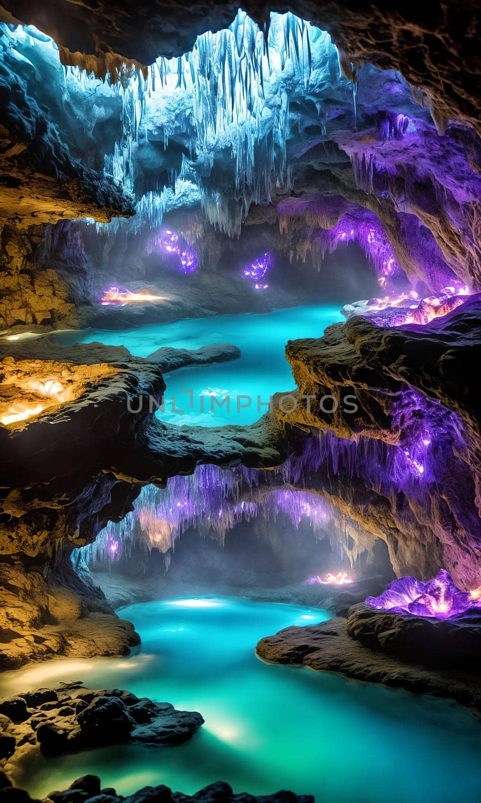 Glowing Caverns. An underground wonderland, a cavern adorned with luminescent crystals. Their soft glow reveals winding tunnels, reflecting pools, and the promise of hidden treasures.