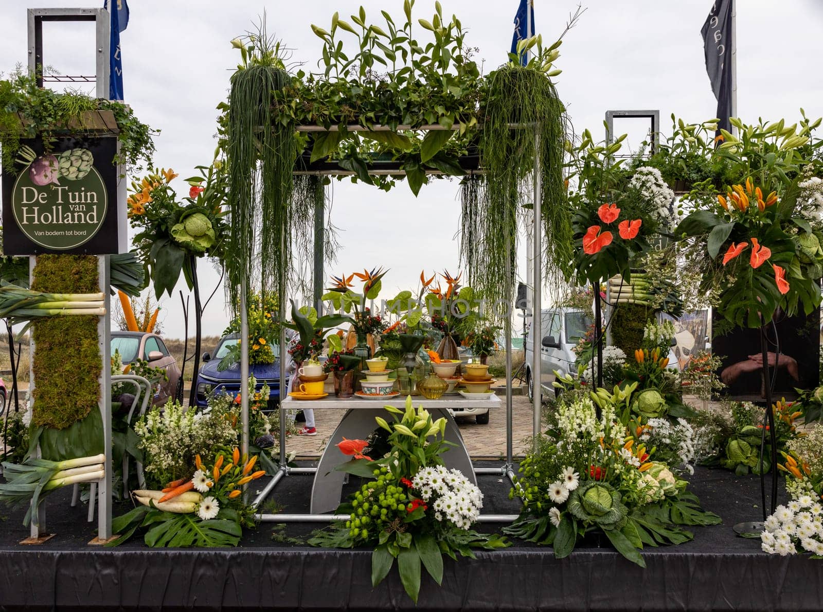 Noordwijk, Netherlands - April 22, 2023: Spectacular flower covered floats in the Bloemencorso Bollenstreek the annual spring flower parade from Noordwijk to Haarlem in the Netherlands.