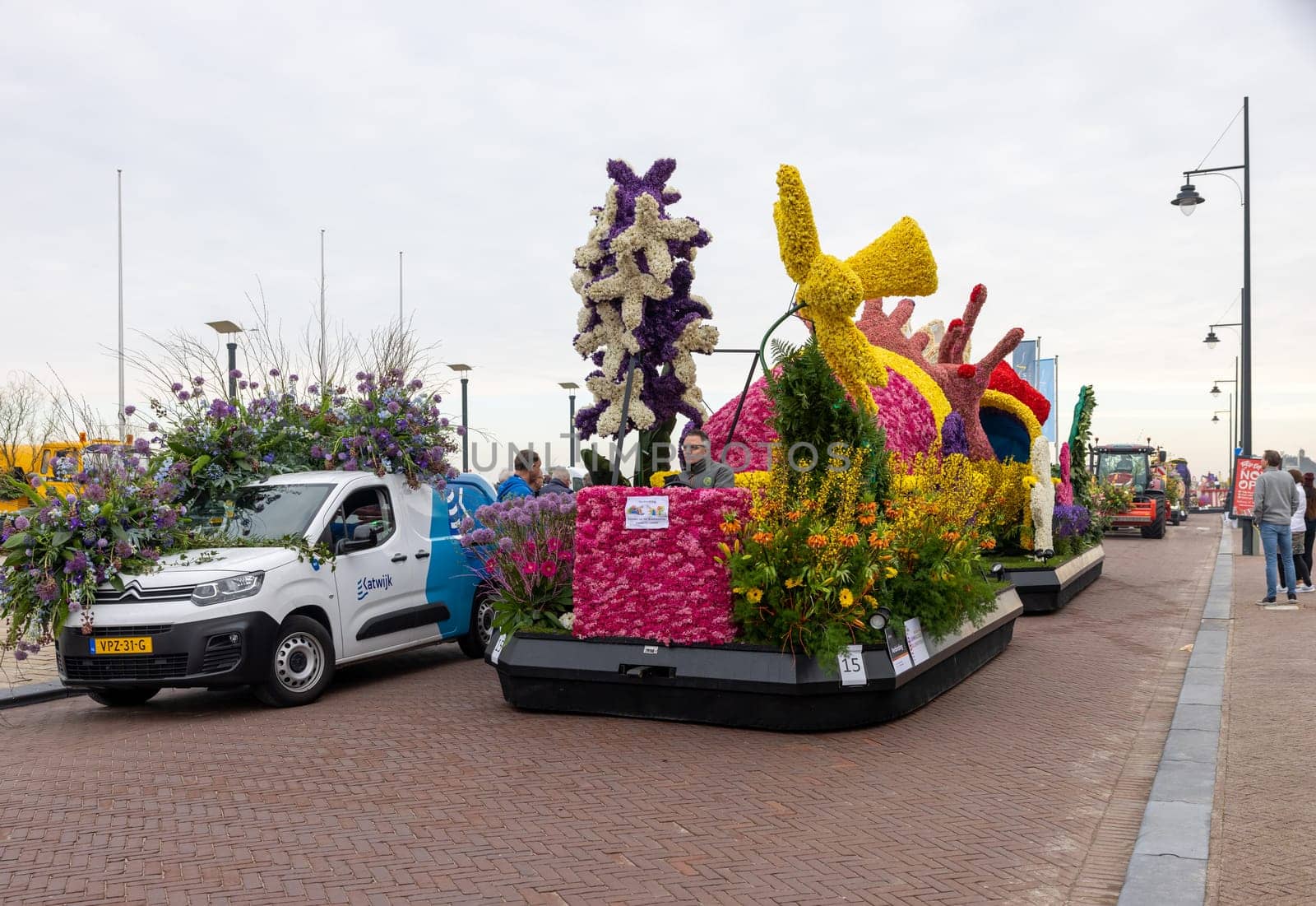 Noordwijk, Netherlands - April 22, 2023: Spectacular flower covered floats in the Bloemencorso Bollenstreek the annual spring flower parade from Noordwijk to Haarlem in the Netherlands.