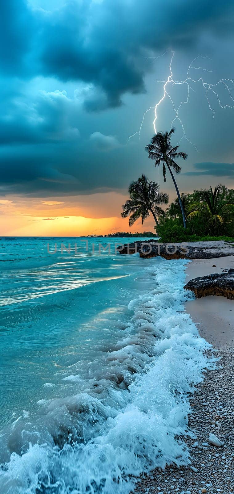 tropical beach view at cloudy stormy sunset with white sand, turquoise water and palm trees. Neural network generated image. Not based on any actual scene or pattern.