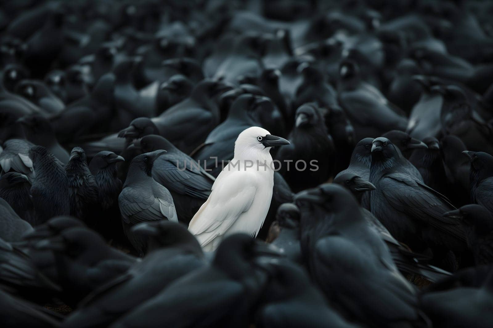A white crow among many black crows. Neural network generated image. Not based on any actual scene or pattern.