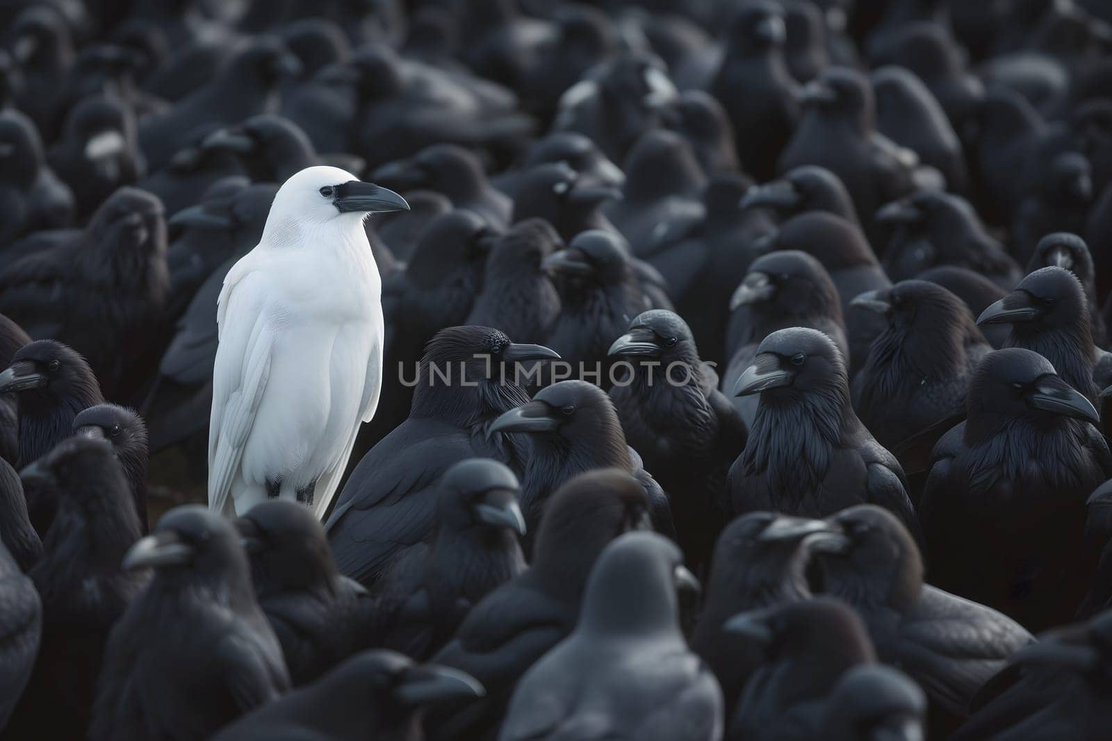 A white crow among many black crows. Neural network generated image. Not based on any actual scene or pattern.