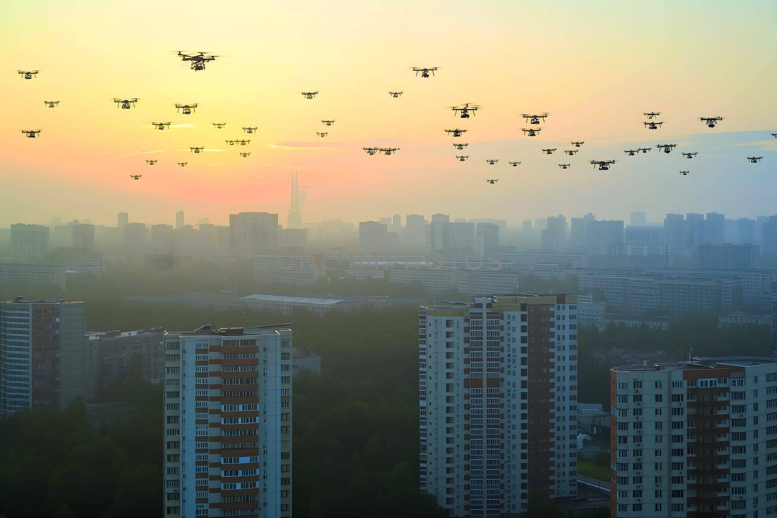 Group of drones over city at summer morning. Neural network generated image. Not based on any actual scene or pattern.