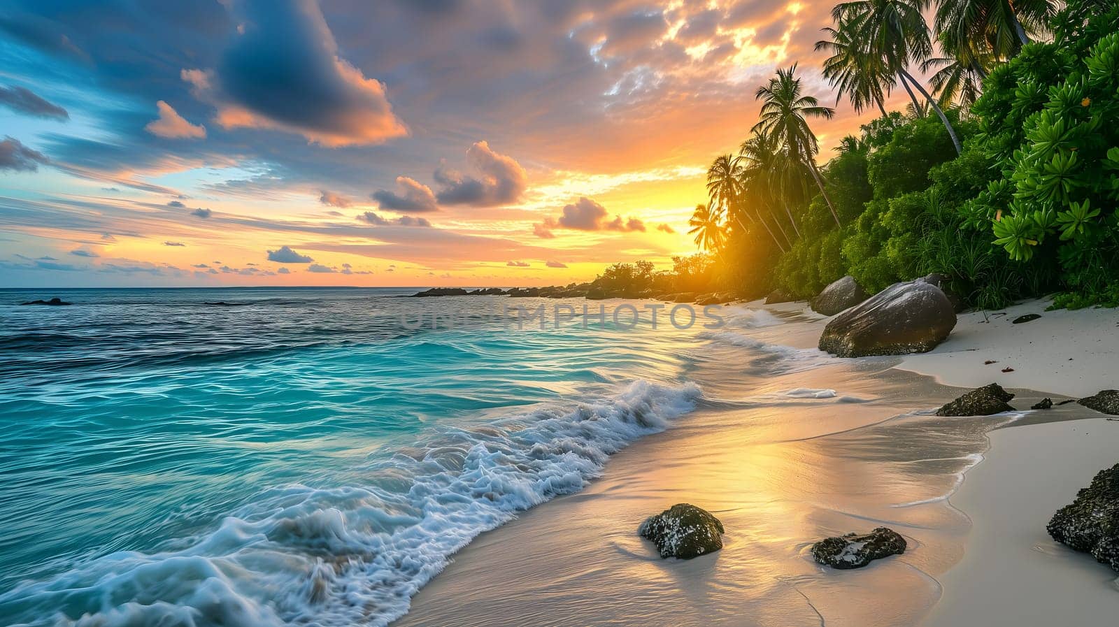 tropical beach view at sunset or sunrise with white sand, turquoise water and palm trees. Neural network generated image. Not based on any actual scene or pattern.