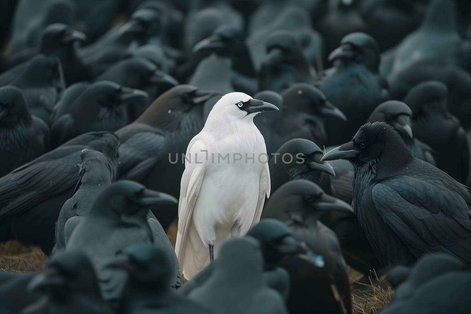 A white crow among many black crows. Neural network generated image. Not based on any actual scene or pattern.