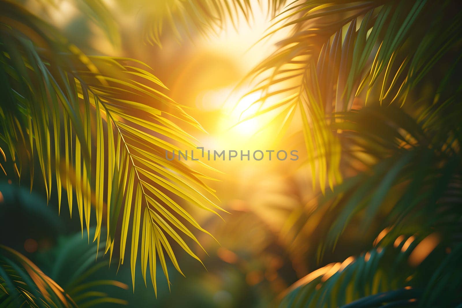 Vibrant sunny backdrop palm leaves with golden sun light. Neural network generated in January 2024. Not based on any actual scene or pattern.