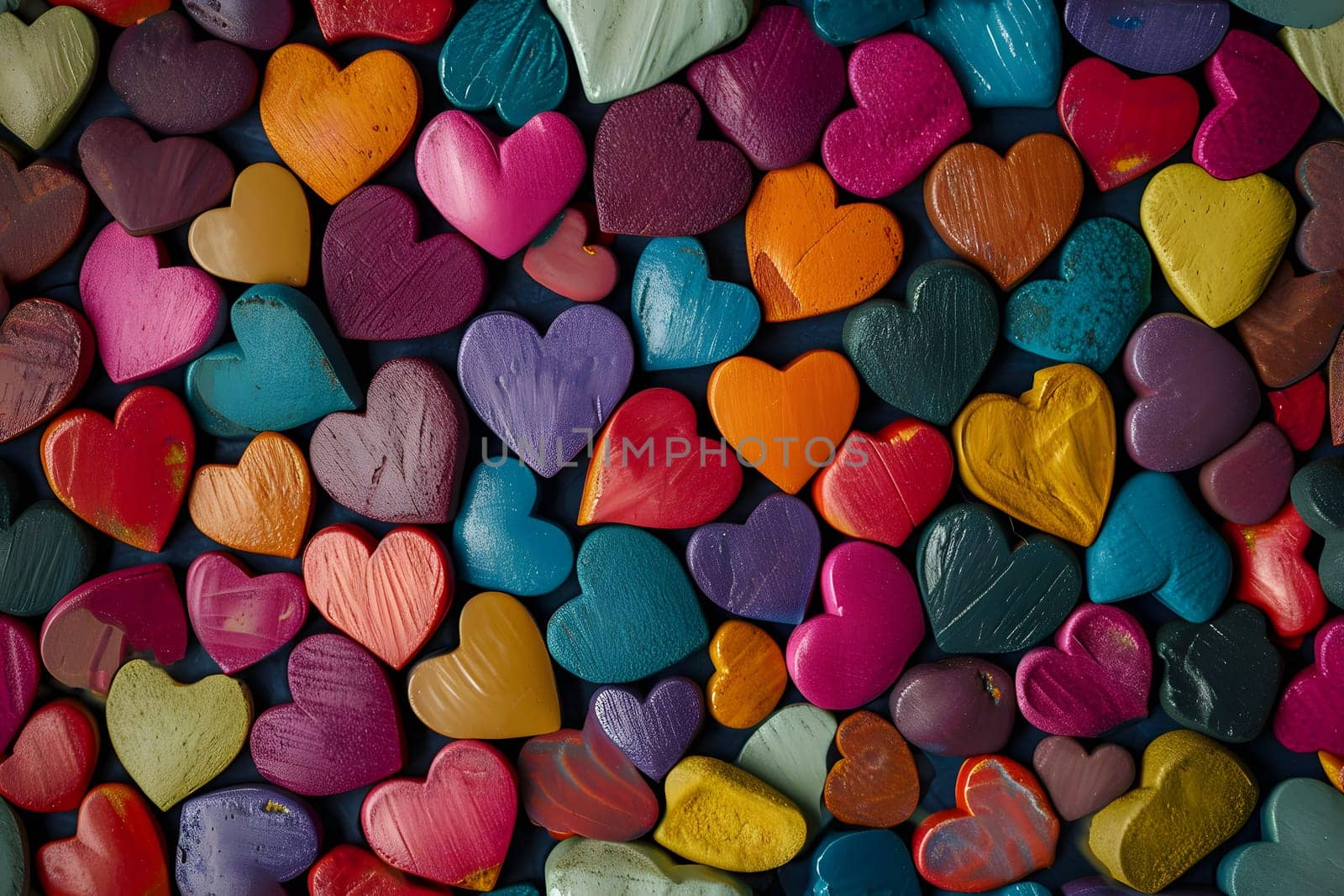 Full-frame background of colorful hearts. Neural network generated image. Not based on any actual person or scene.