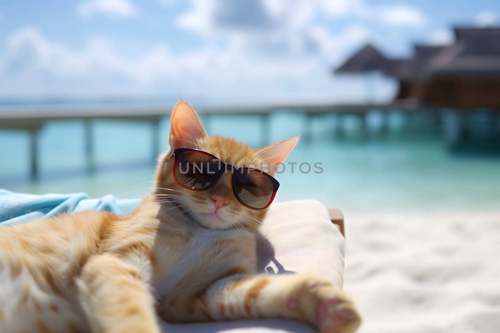 tabby cat with sunglasses laid on tropical beach, vacation theme. Neural network generated image. Not based on any actual person or scene.