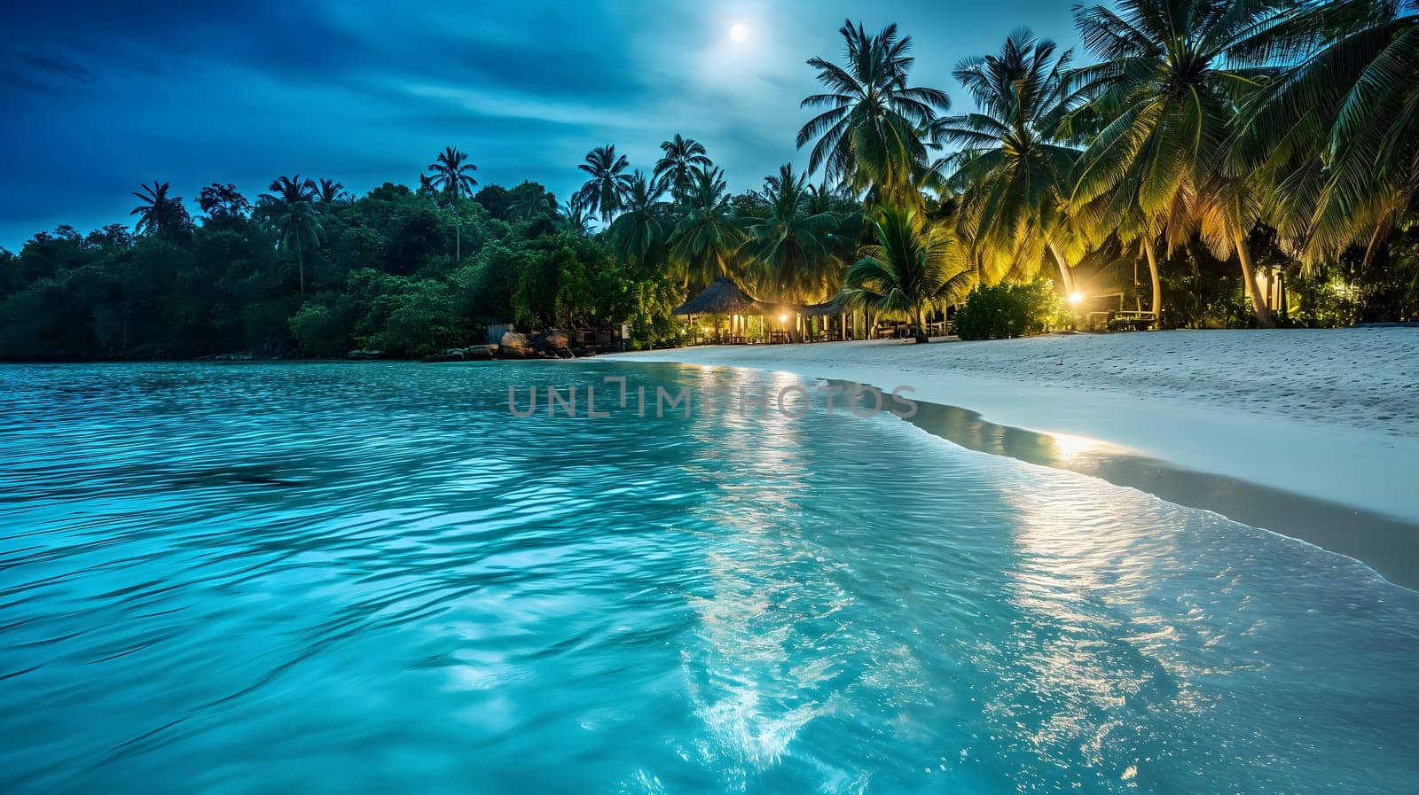 tropical beach view at cloudy night with white sand, turquoise water and palm trees. Neural network generated image. Not based on any actual scene or pattern.