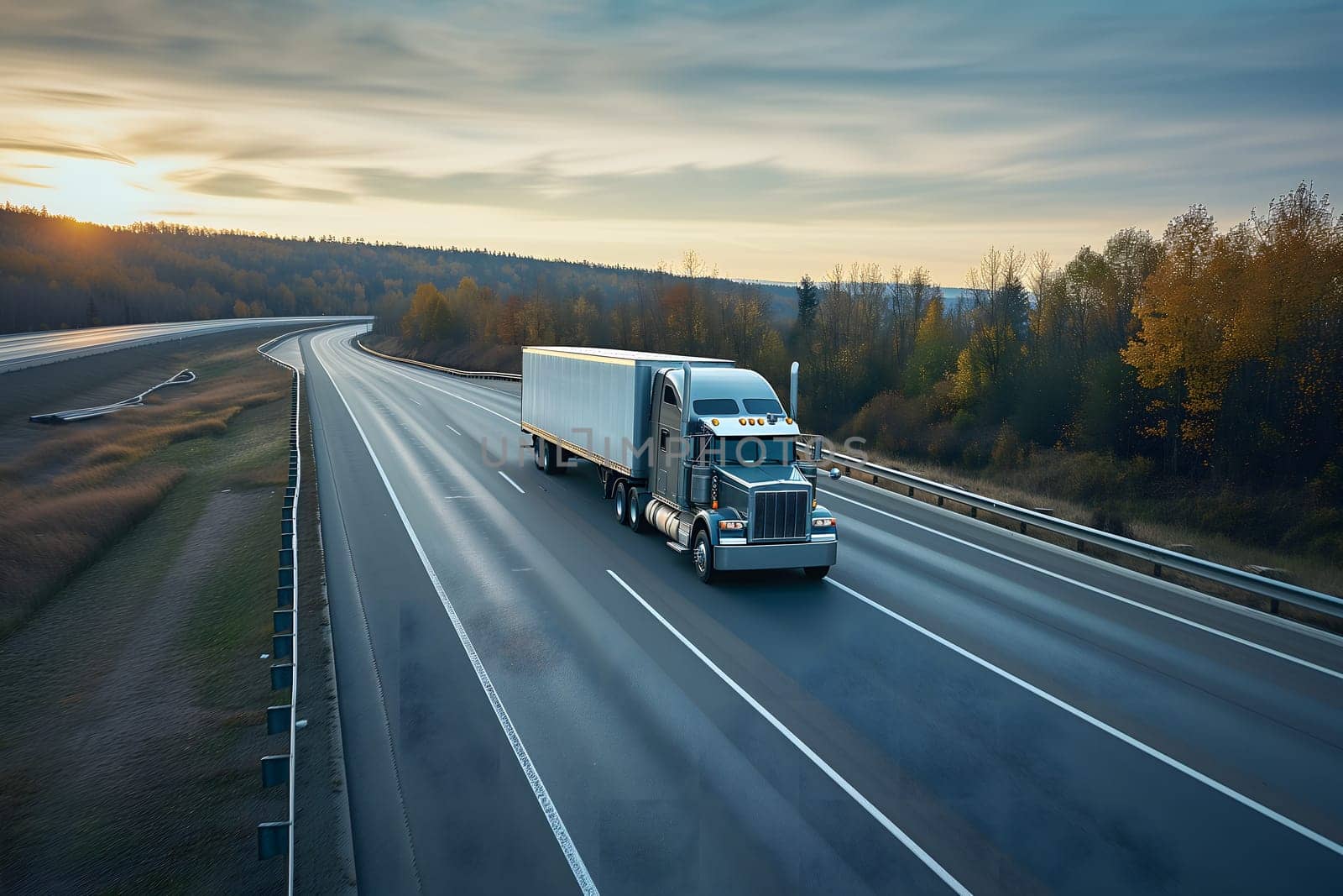 American long-nose semitruck on a highway. Neural network generated image. Not based on any actual scene or pattern.